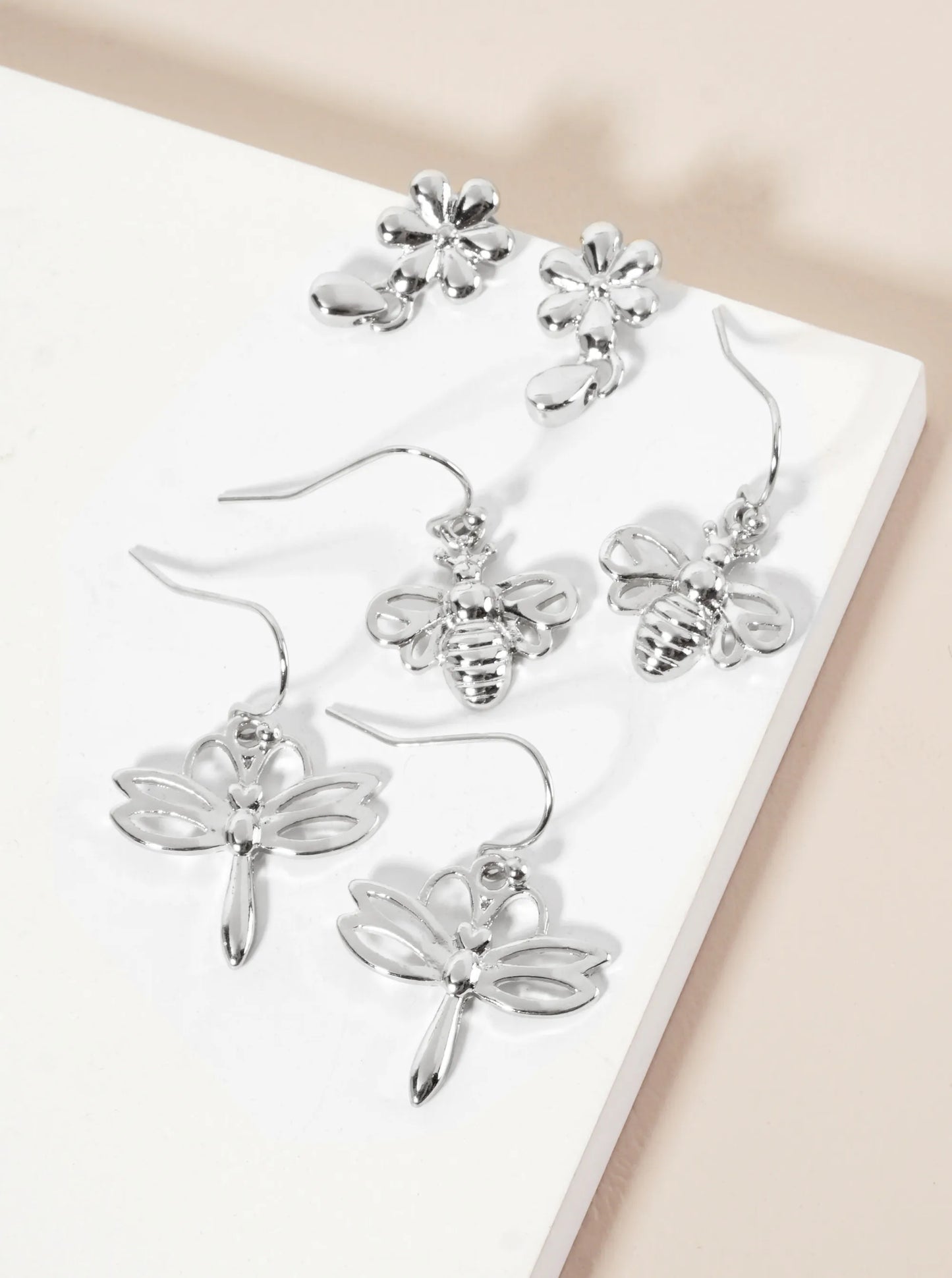 3PC-Set Botanical-Theme Flower Bee Dragonfly Dangle Earrings