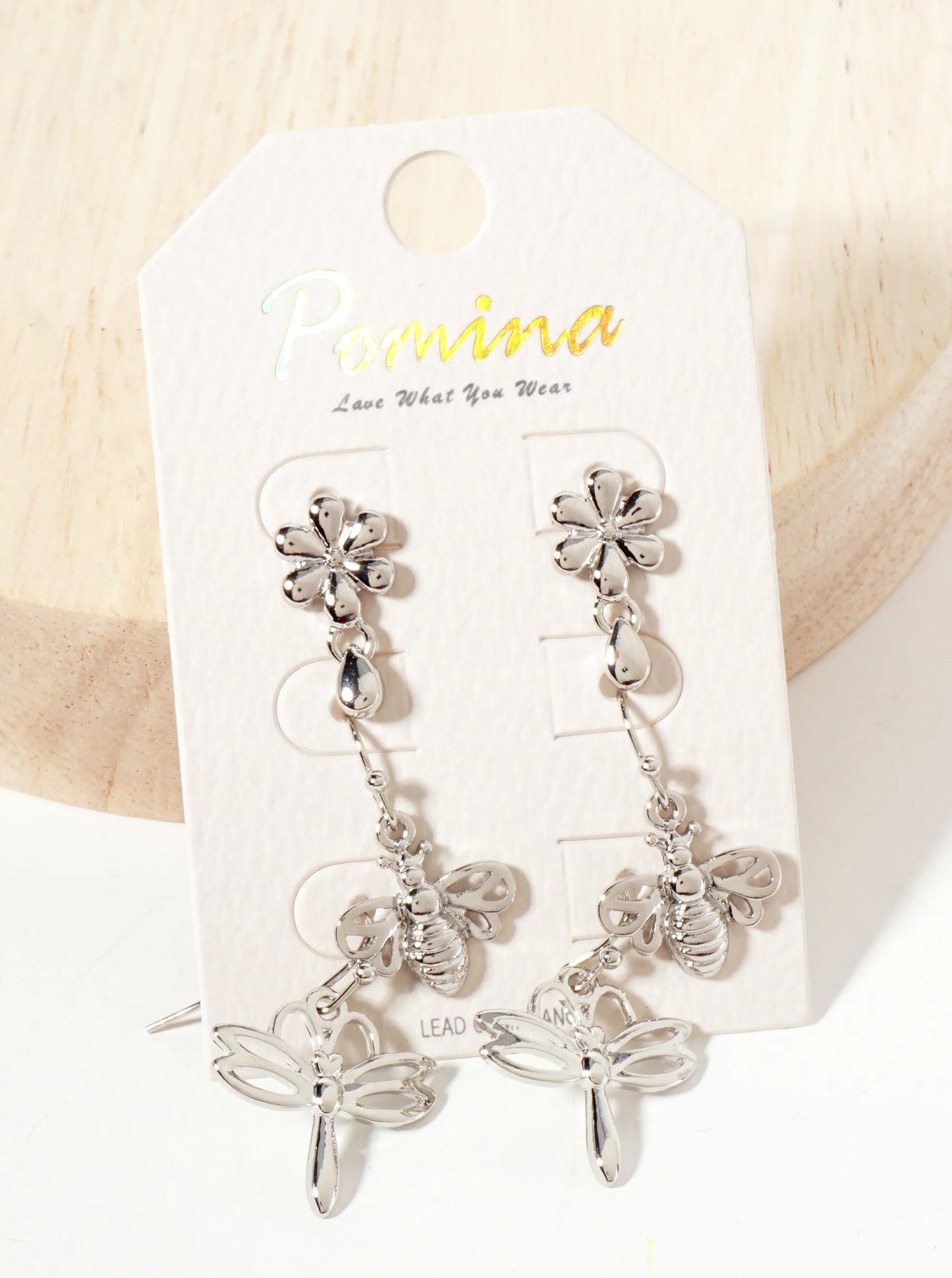 3PC-Set Botanical-Theme Flower Bee Dragonfly Dangle Earrings