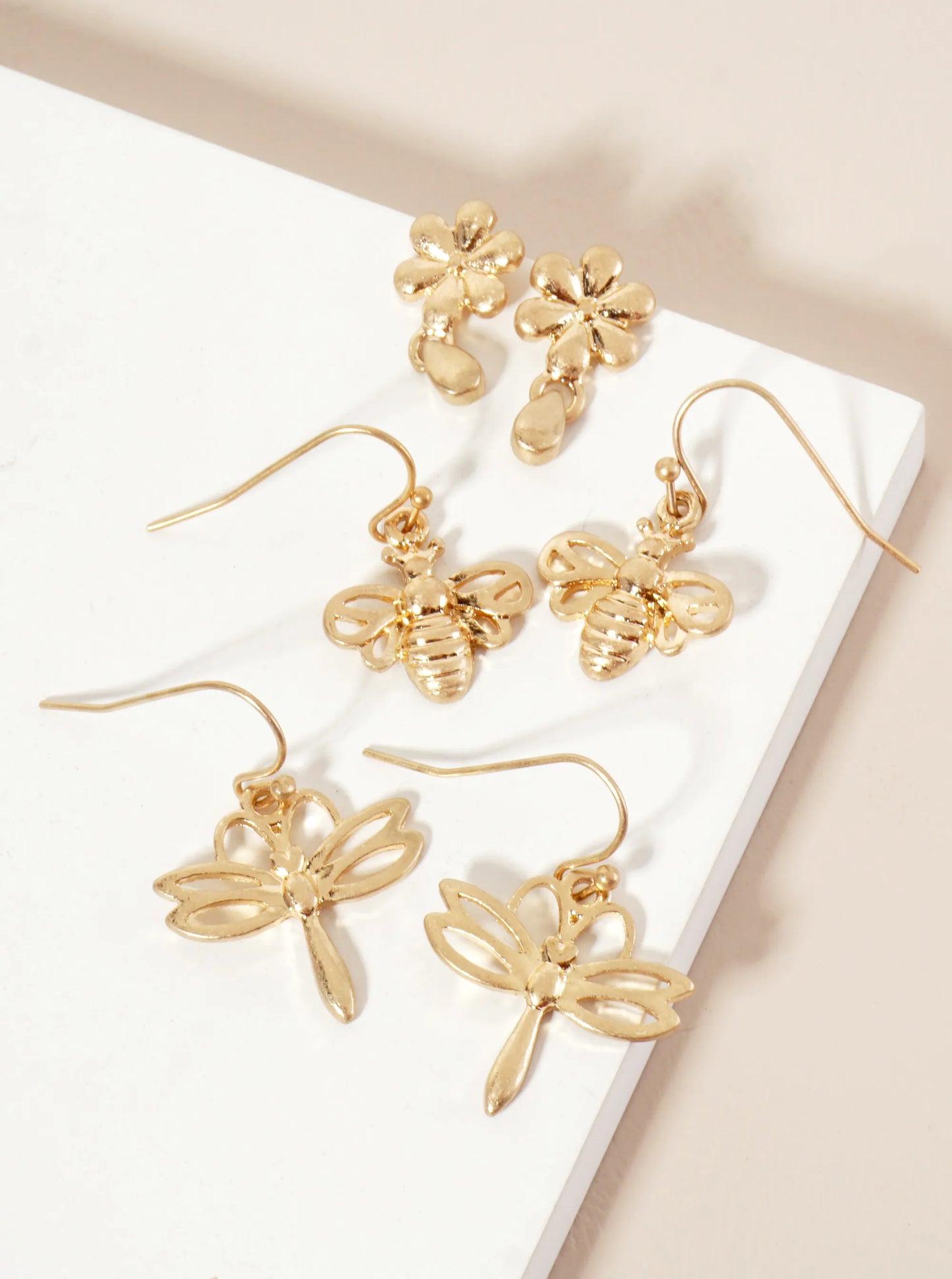 3PC-Set Botanical-Theme Flower Bee Dragonfly Dangle Earrings