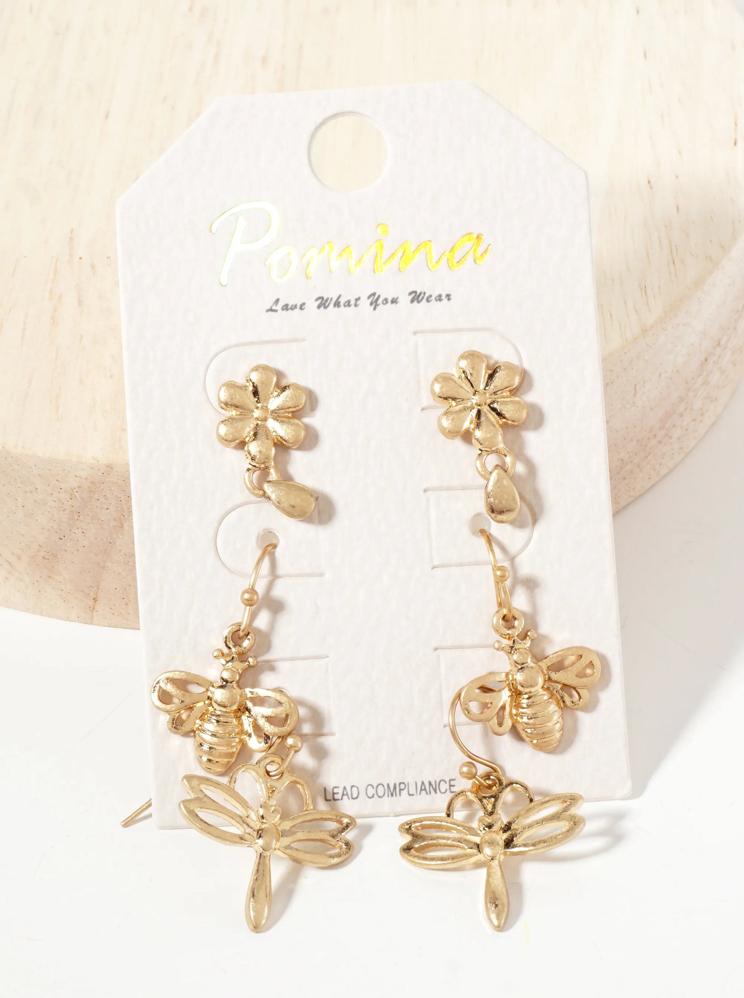 3PC-Set Botanical-Theme Flower Bee Dragonfly Dangle Earrings