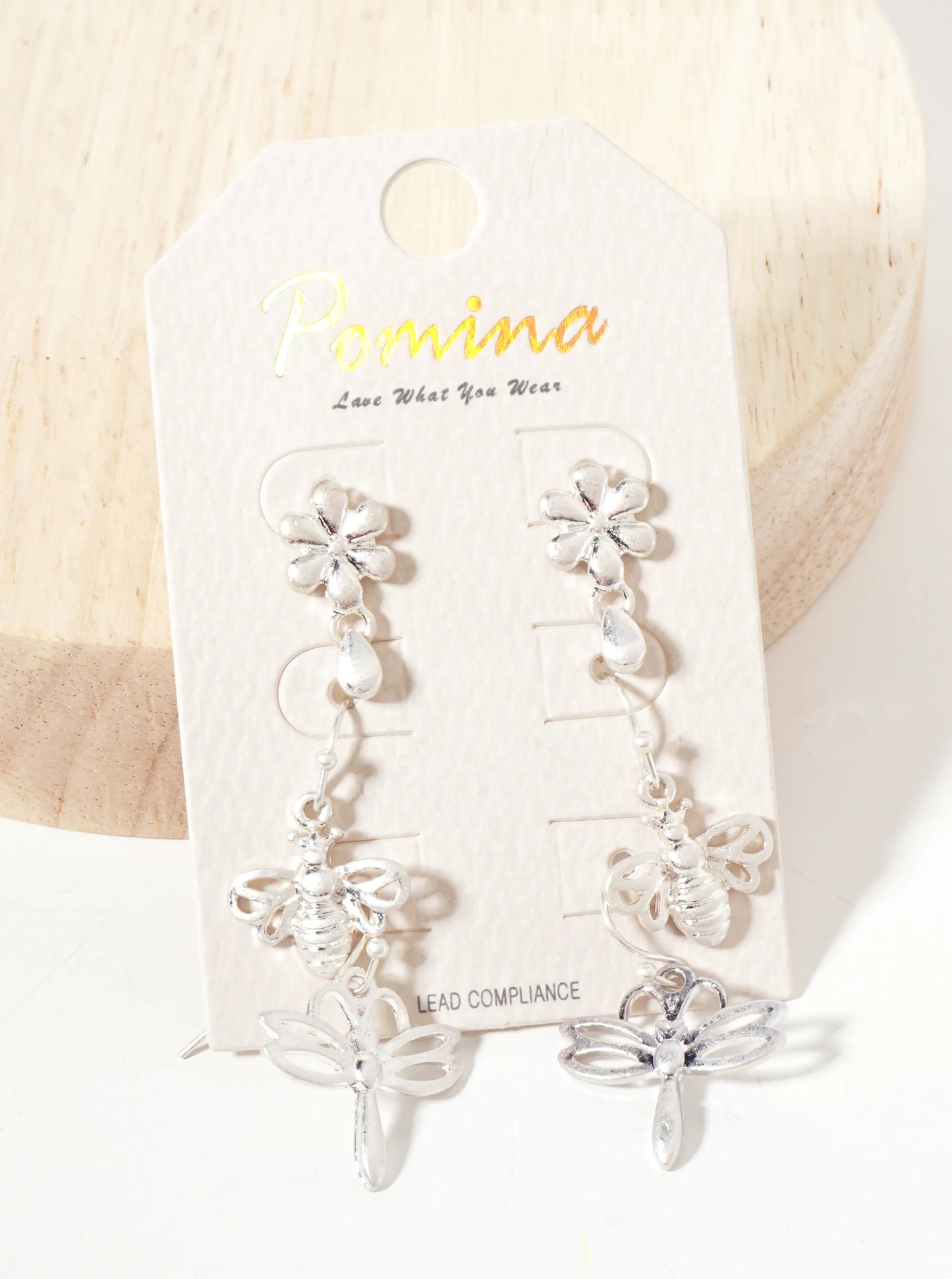 3PC-Set Botanical-Theme Flower Bee Dragonfly Dangle Earrings