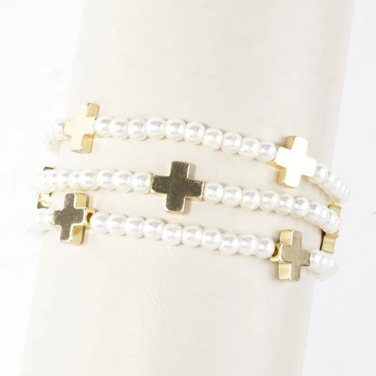 3PC Set Brass Cross Glass Pearl Stretch Bracelets