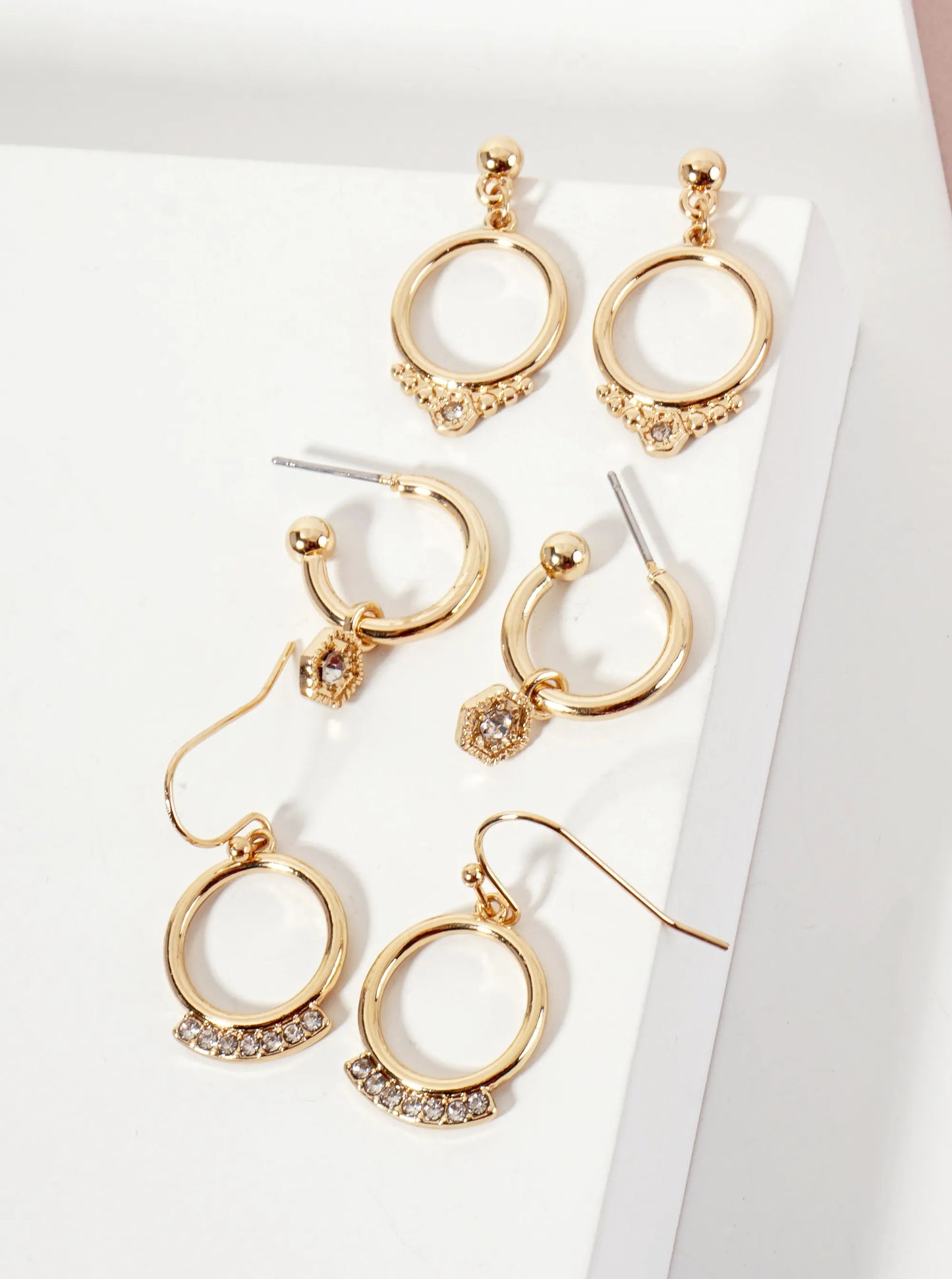 3PC-Set Crystal-Pave Circle Drop Dangle Hoop Earrings