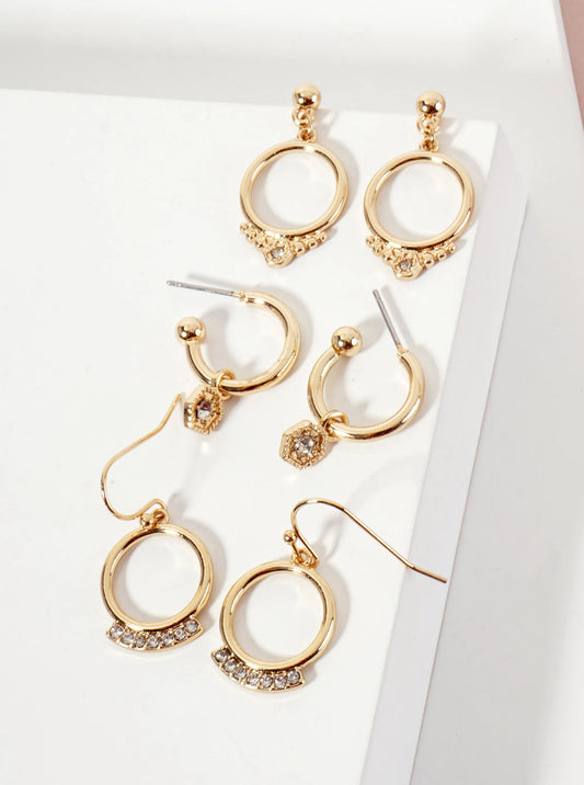 3PC-Set Crystal-Pave Circle Drop Dangle Hoop Earrings