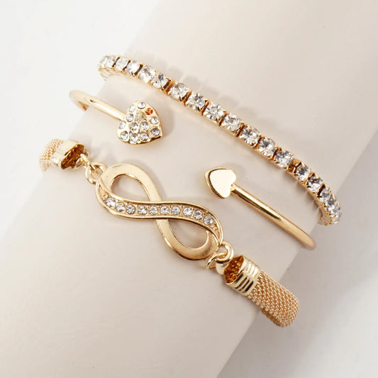 3PC-Set Crystal-Pave Infinity Heart Arrow Stretch Rhinestone Tennis Bracelet