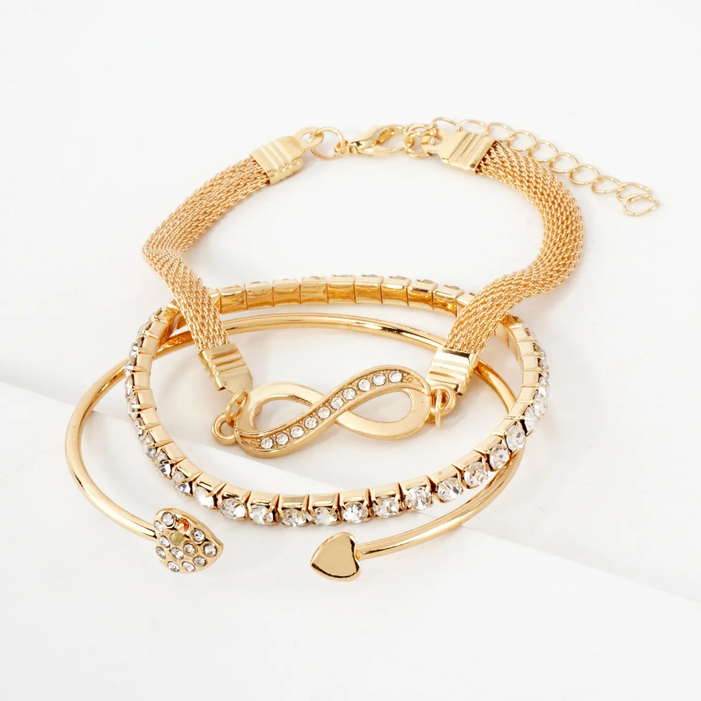 3PC-Set Crystal-Pave Infinity Heart Arrow Stretch Rhinestone Tennis Bracelet