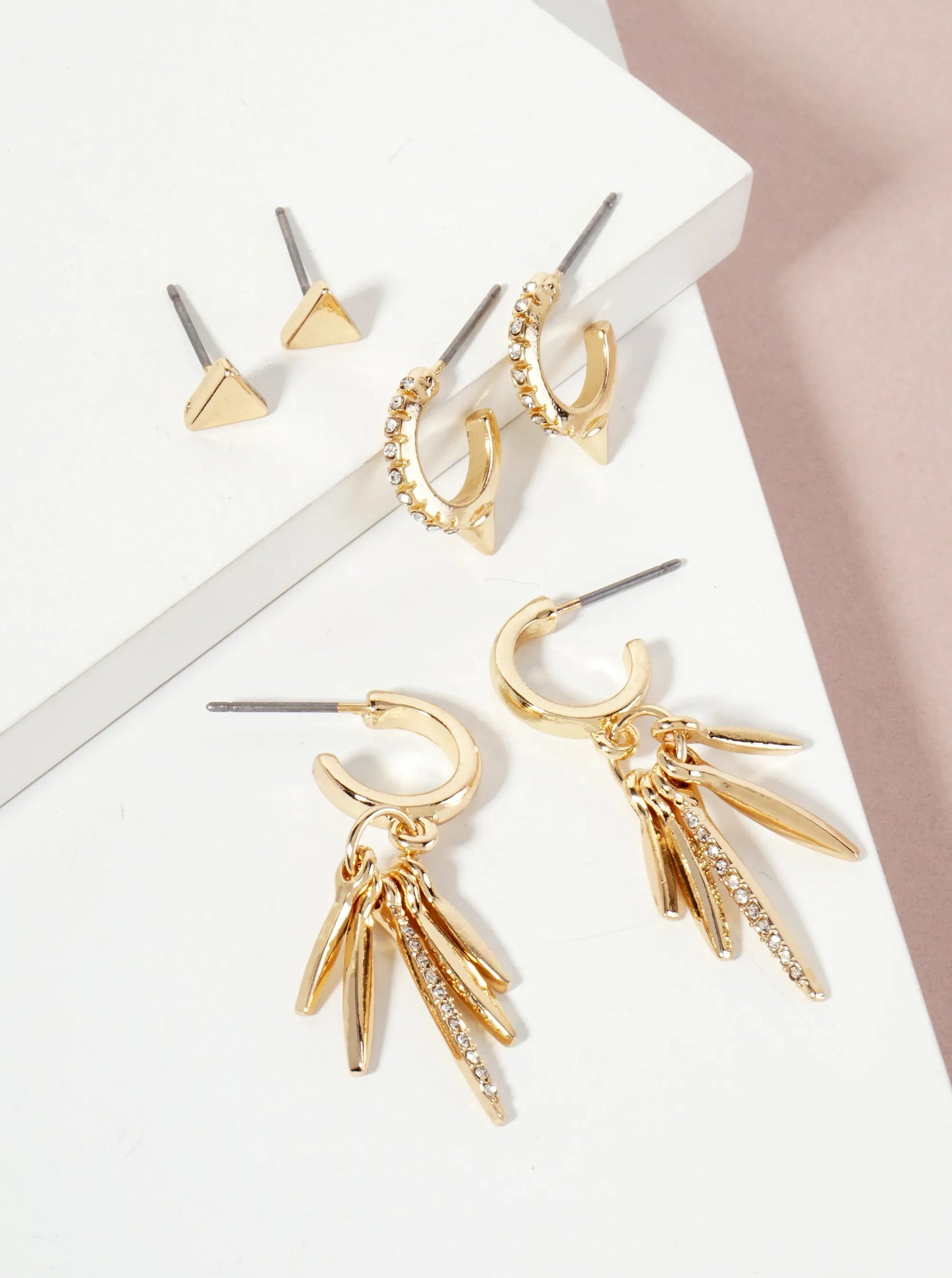 3PC-Set Crystal-Pave Polished Metal Huggie Hoop Stud Earrings