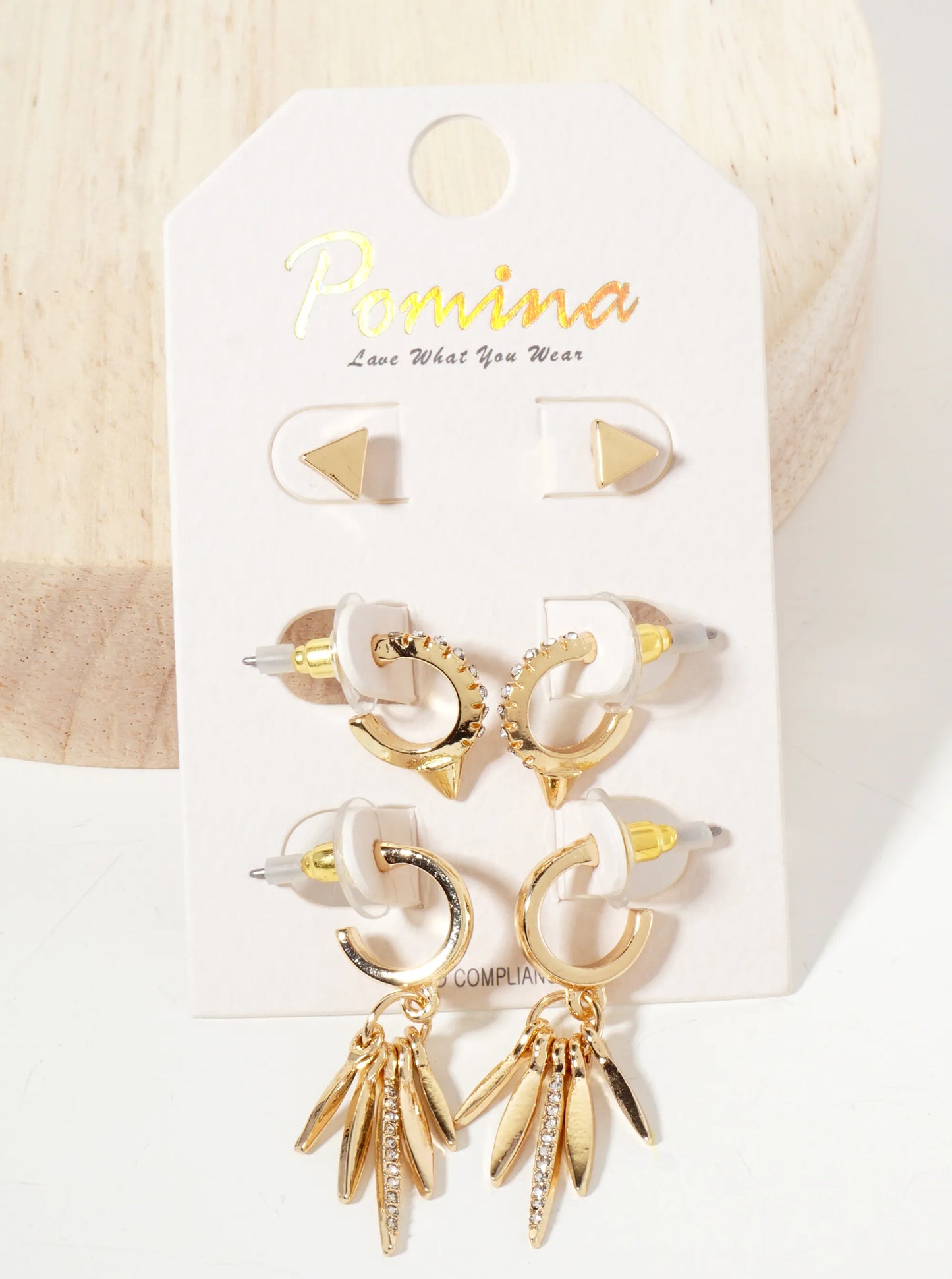 3PC-Set Crystal-Pave Polished Metal Huggie Hoop Stud Earrings