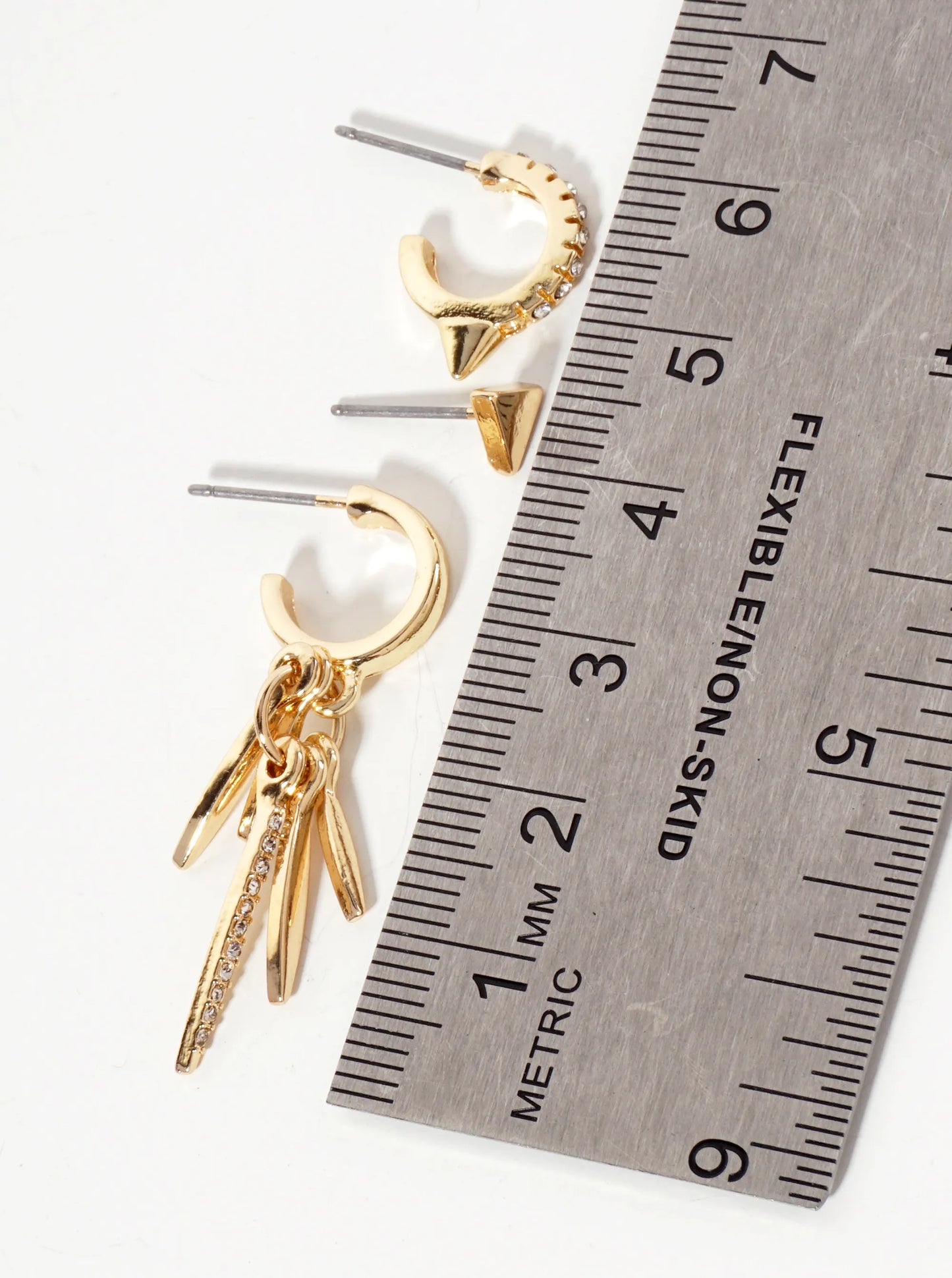 3PC-Set Crystal-Pave Polished Metal Huggie Hoop Stud Earrings