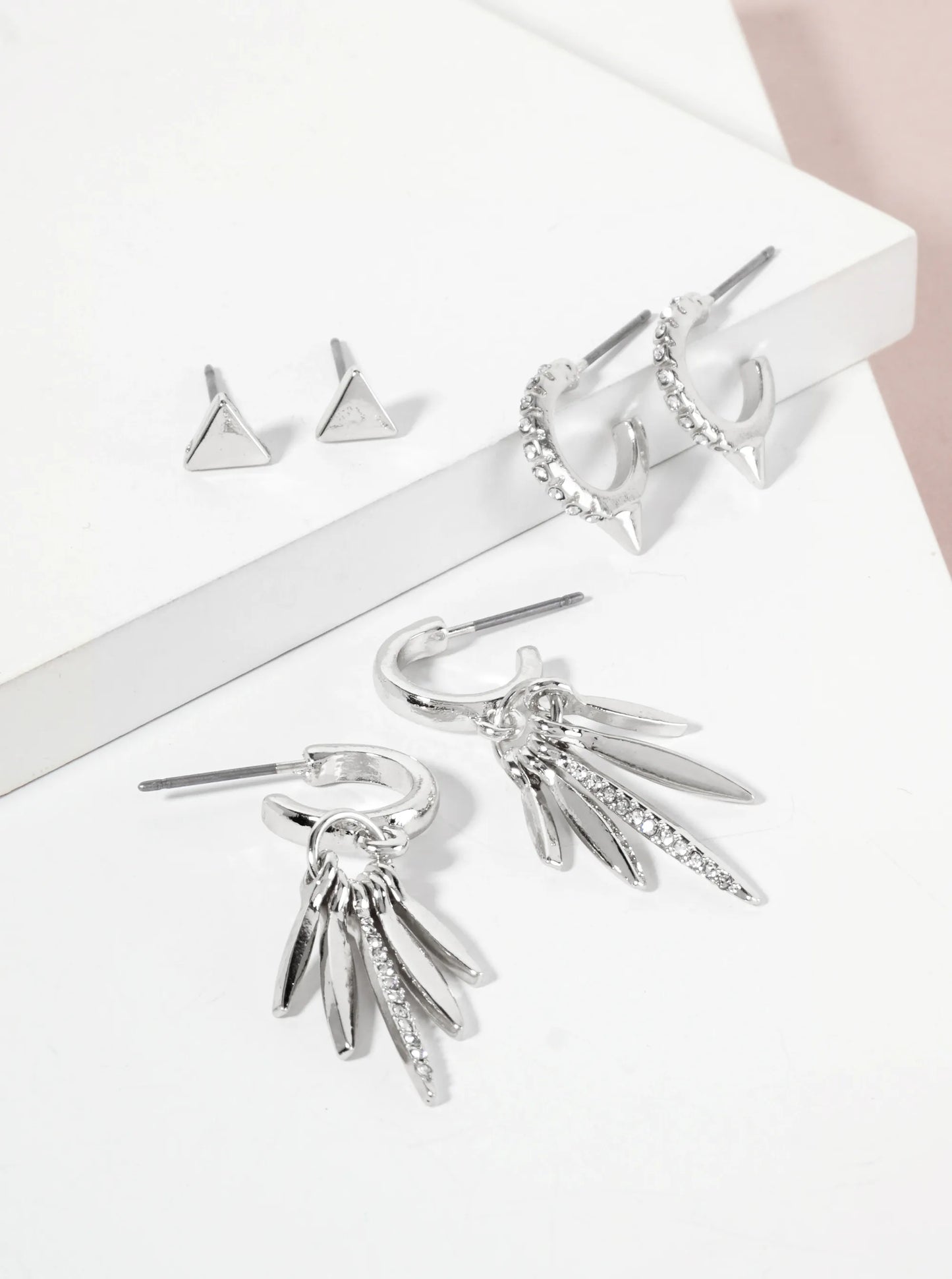 3PC-Set Crystal-Pave Polished Metal Huggie Hoop Stud Earrings