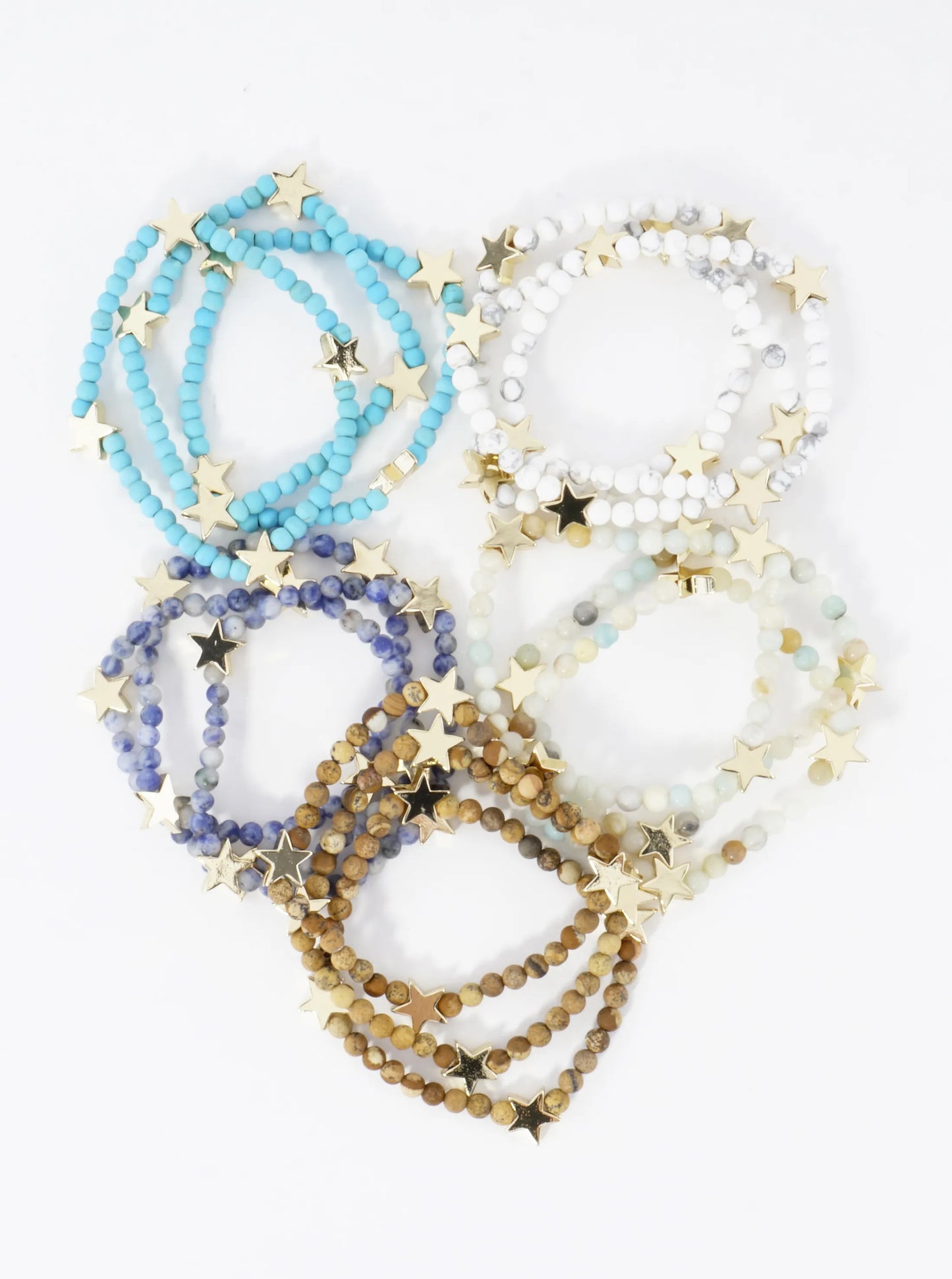 3PC-Set Genuine Stone Brass Star Stretch Bracelets