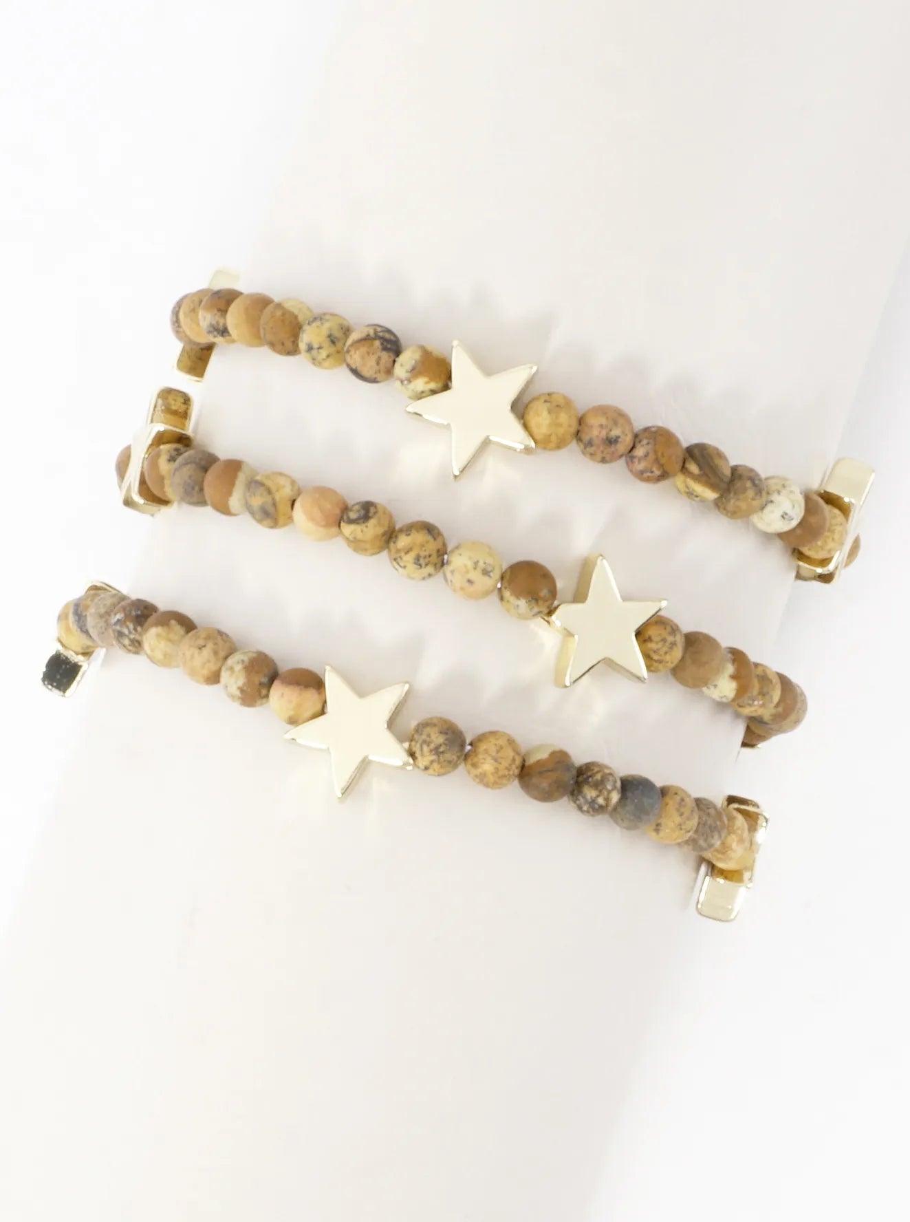 3PC-Set Genuine Stone Brass Star Stretch Bracelets