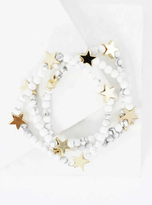 3PC-Set Genuine Stone Brass Star Stretch Bracelets
