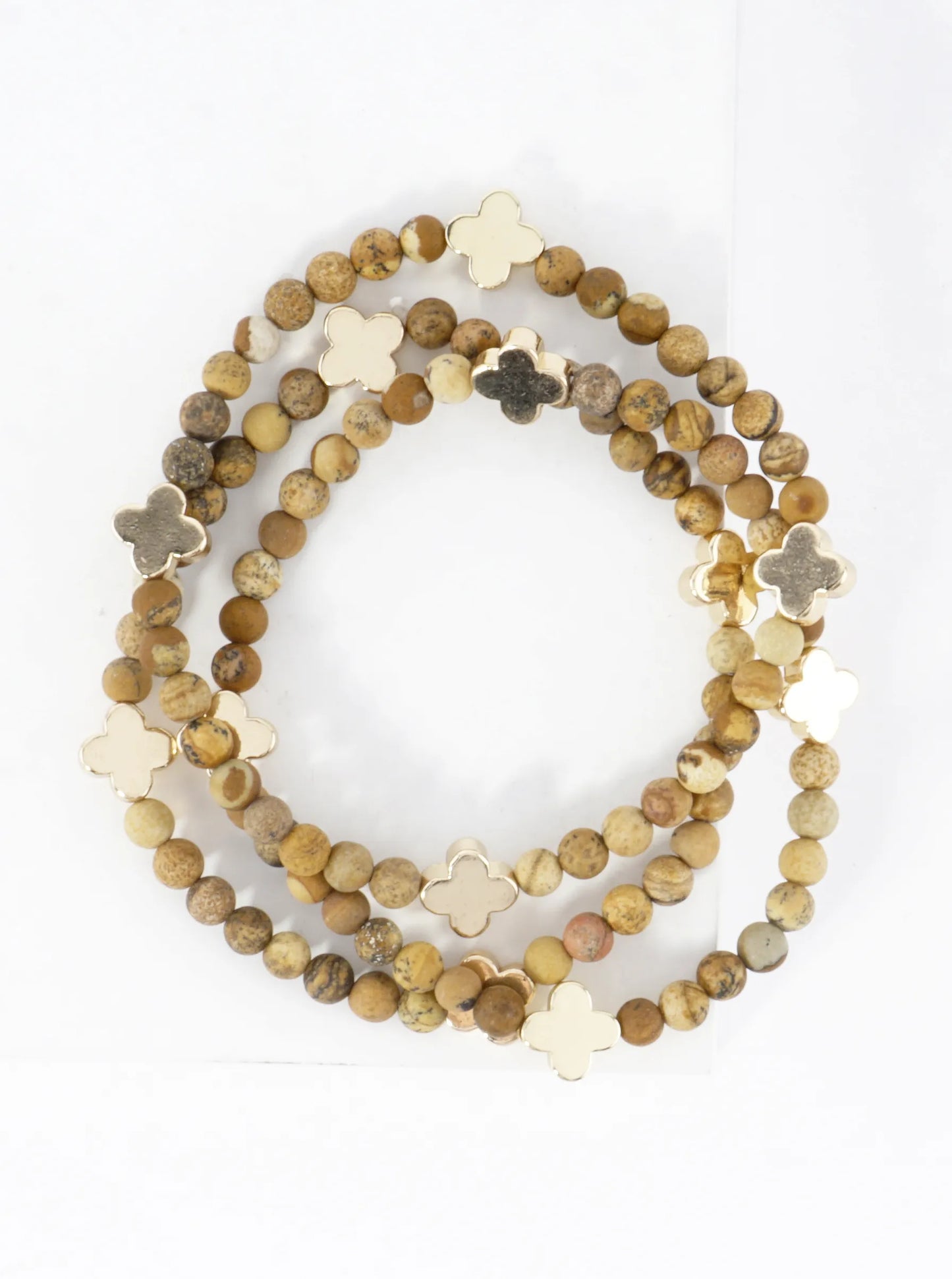 3PC-Set Genuine Stone Quatrefoil Stretch Bracelets