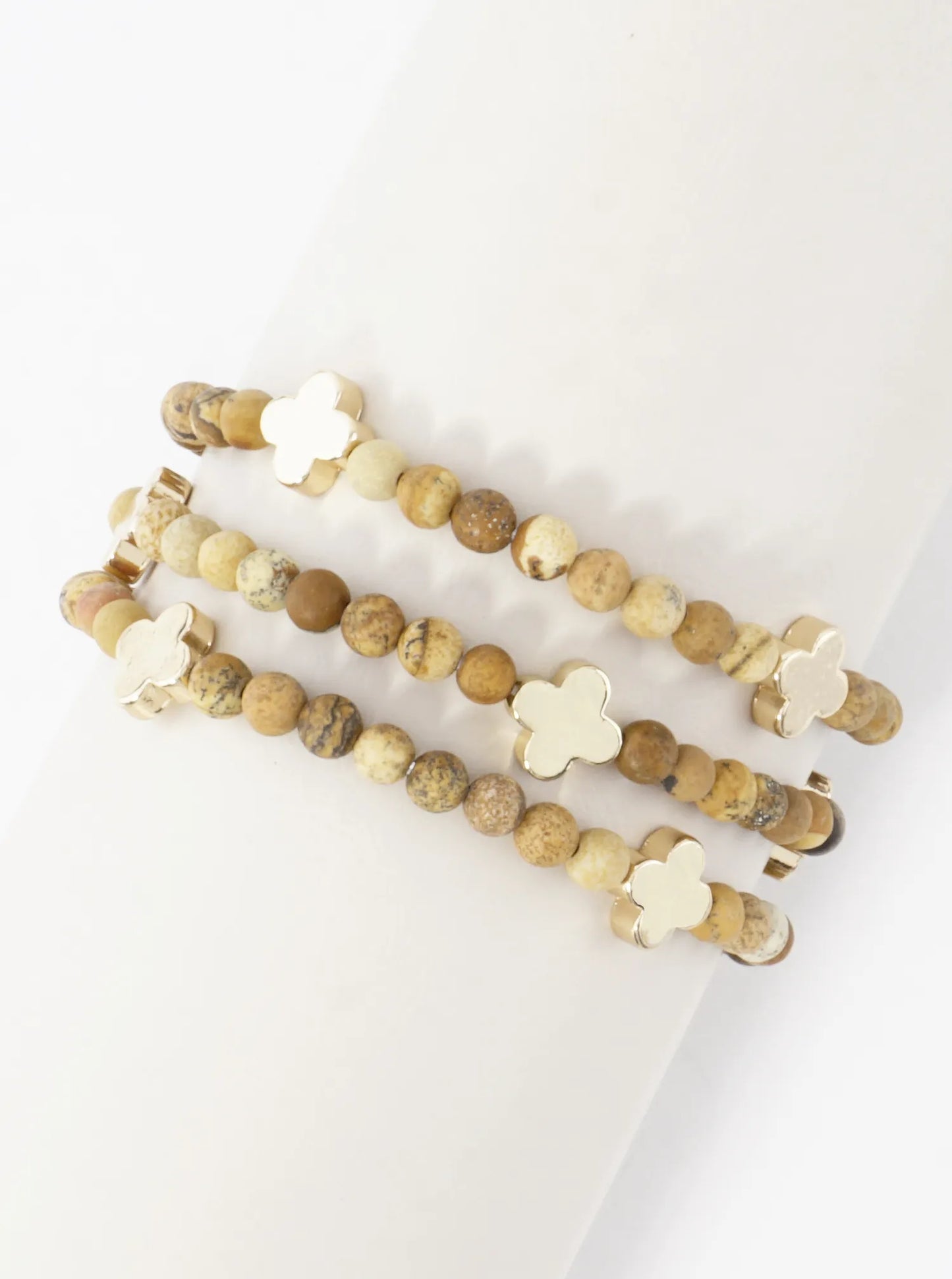 3PC-Set Genuine Stone Quatrefoil Stretch Bracelets
