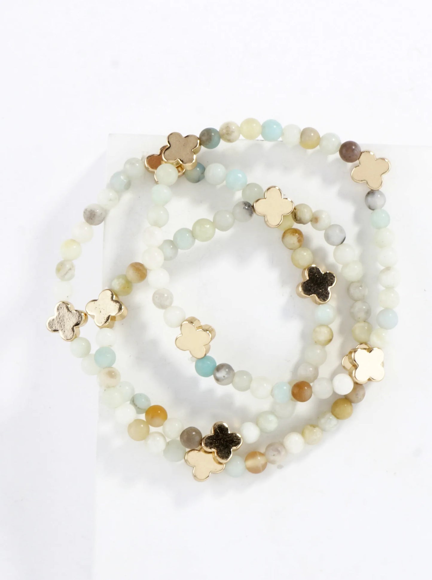 3PC-Set Genuine Stone Quatrefoil Stretch Bracelets