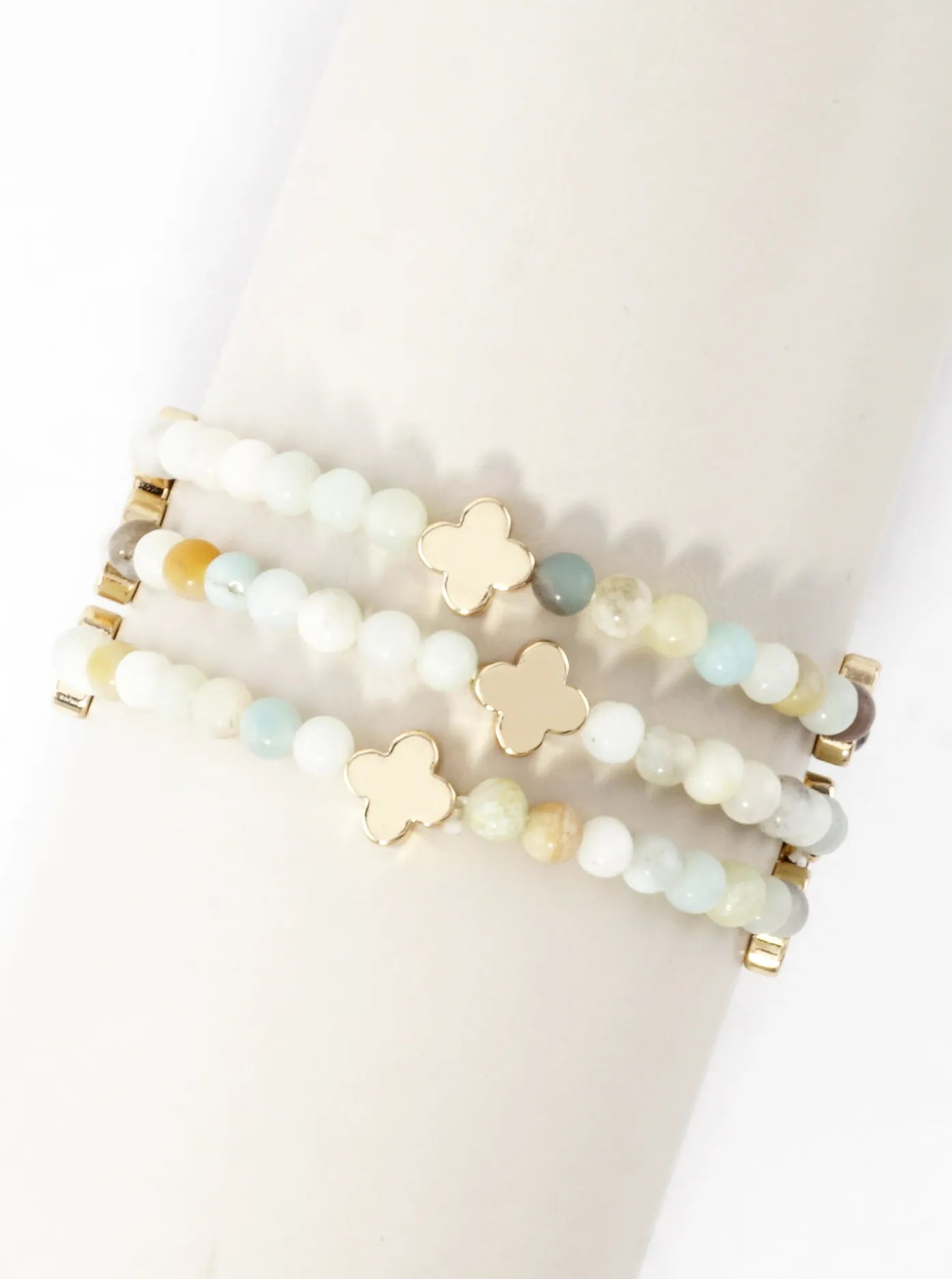 3PC-Set Genuine Stone Quatrefoil Stretch Bracelets