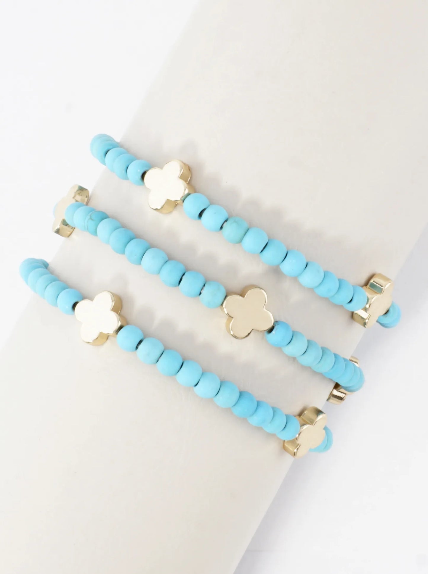 3PC-Set Genuine Stone Quatrefoil Stretch Bracelets