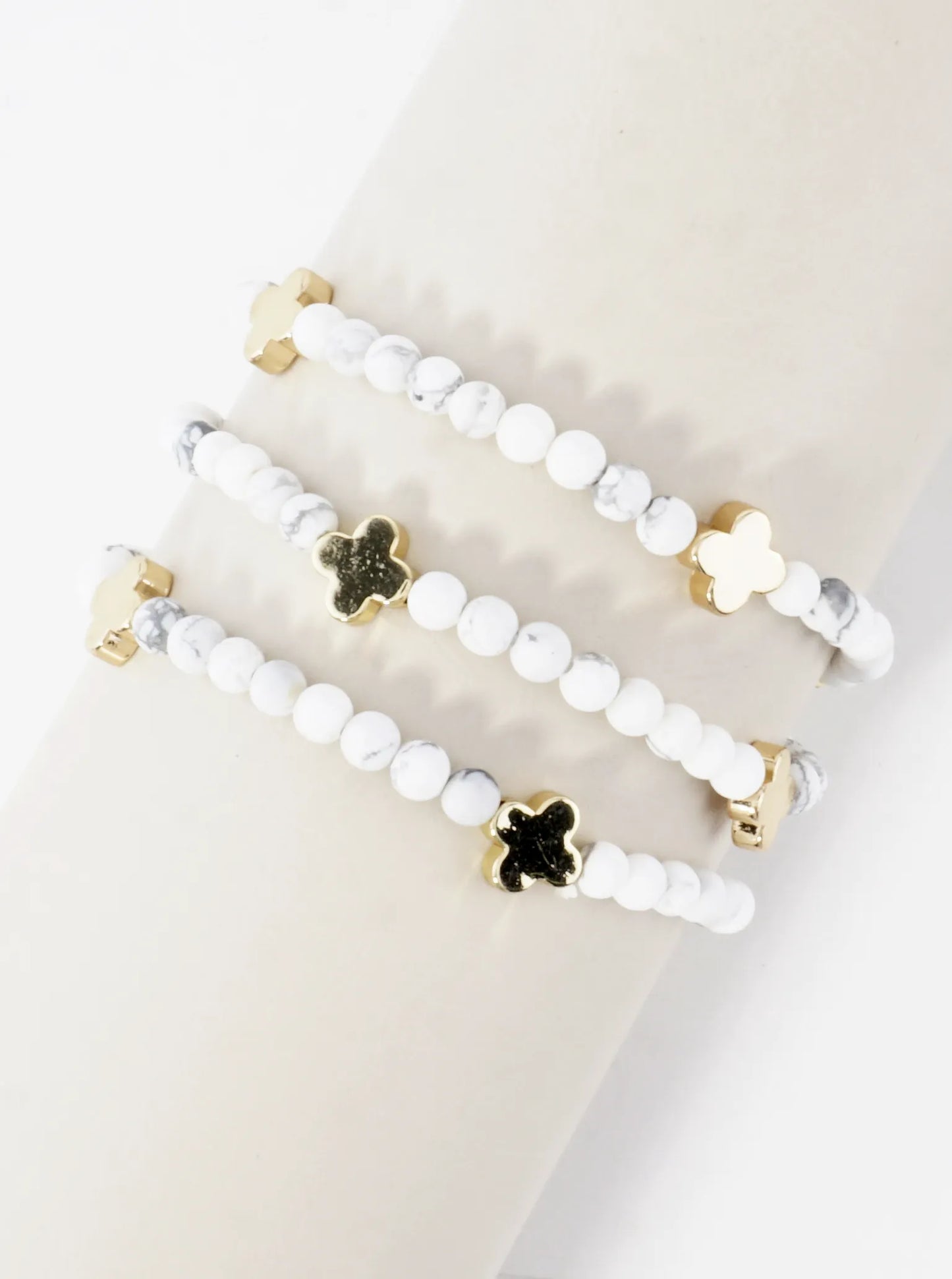 3PC-Set Genuine Stone Quatrefoil Stretch Bracelets