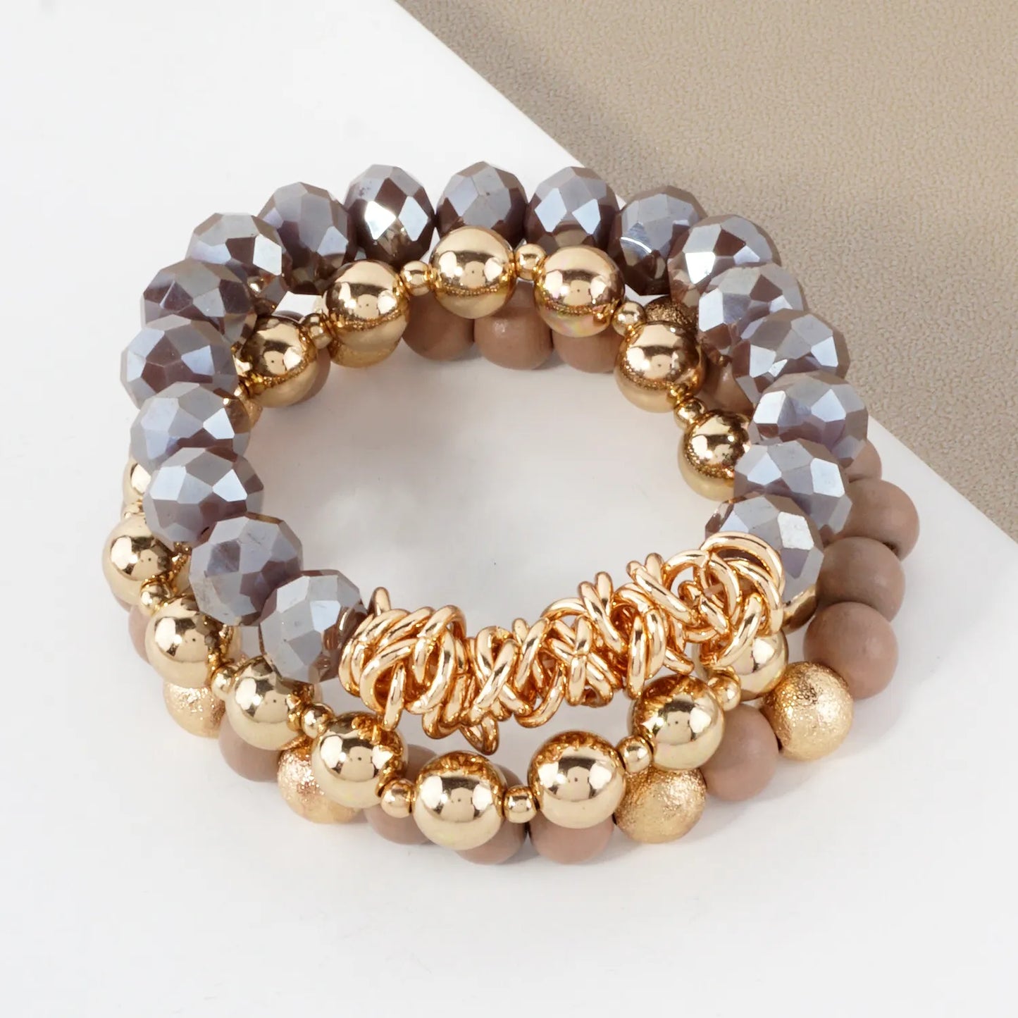 3PC-Set Glass Wood CCB Stackable Stretch Bracelet