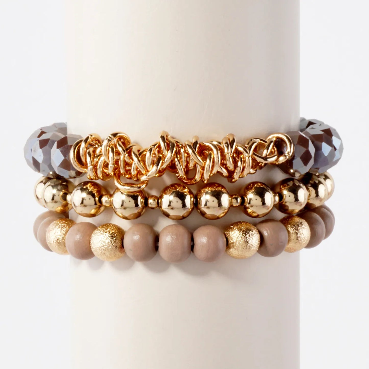 3PC-Set Glass Wood CCB Stackable Stretch Bracelet