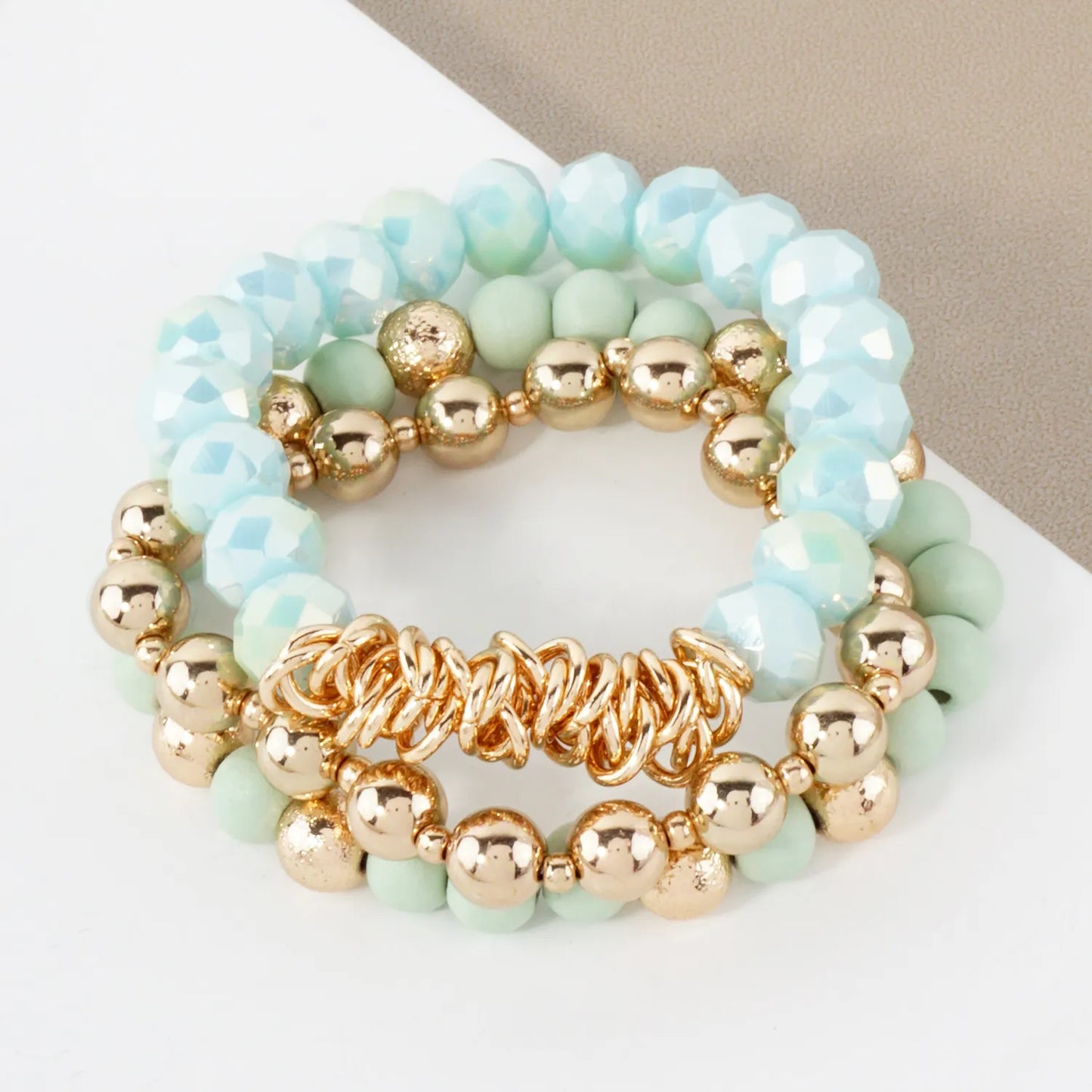 3PC-Set Glass Wood CCB Stackable Stretch Bracelet