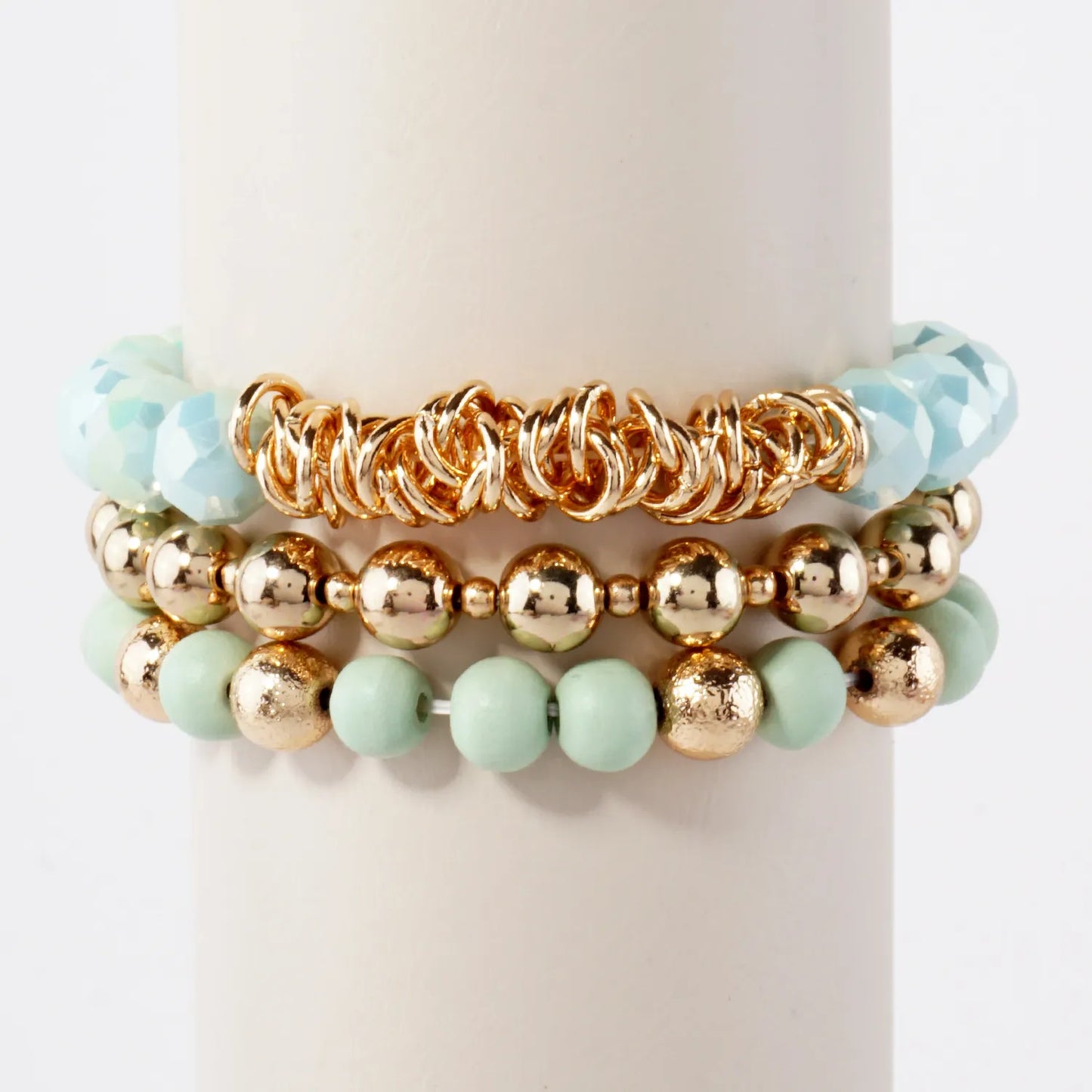 3PC-Set Glass Wood CCB Stackable Stretch Bracelet