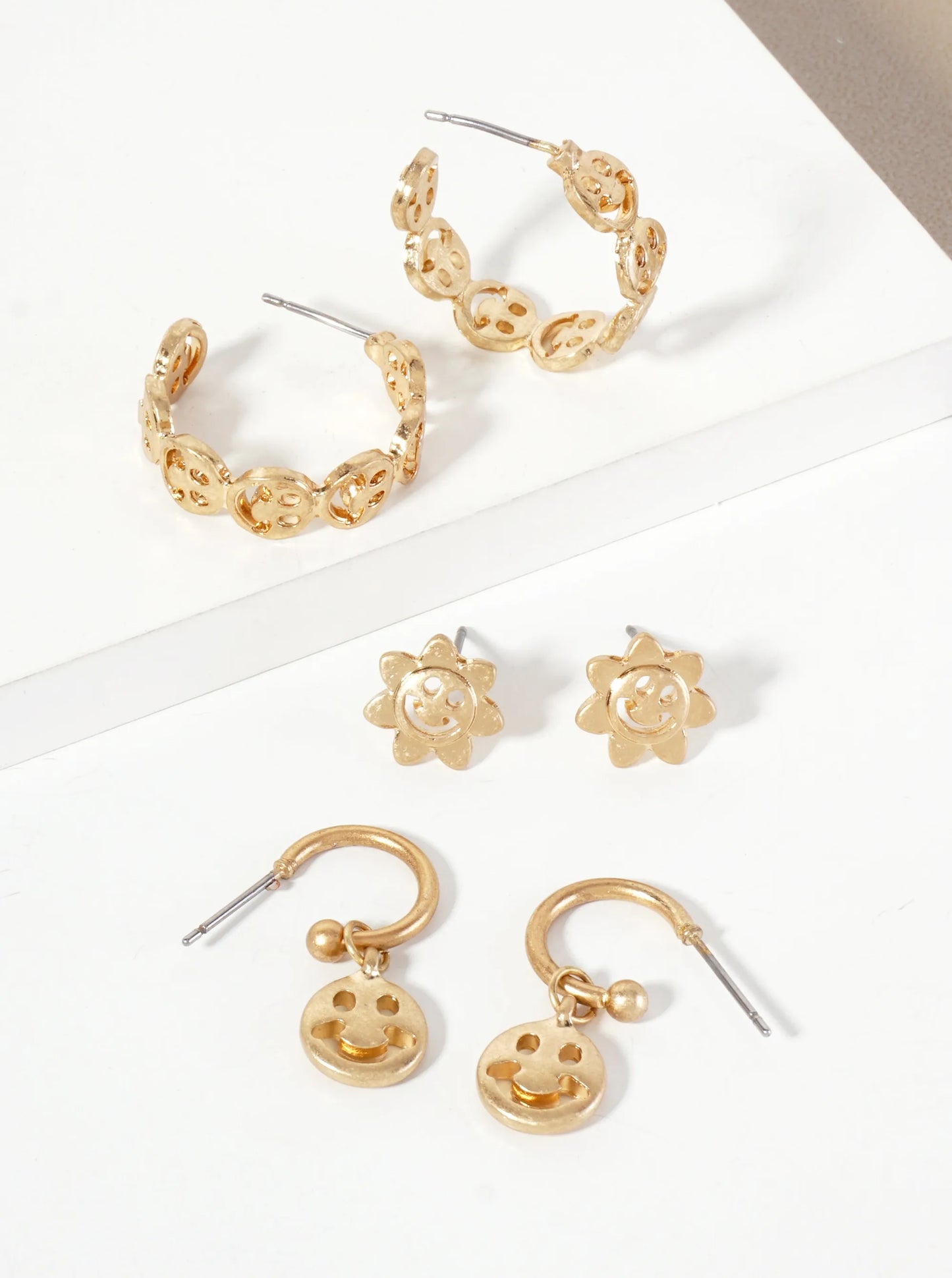 3PC-Set Metal Smiley-Face Stud Hoop Earrings
