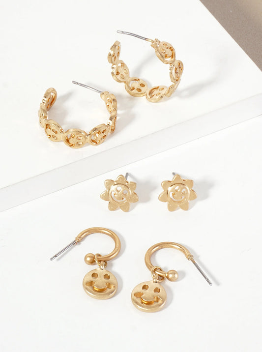 3PC-Set Metal Smiley-Face Stud Hoop Earrings