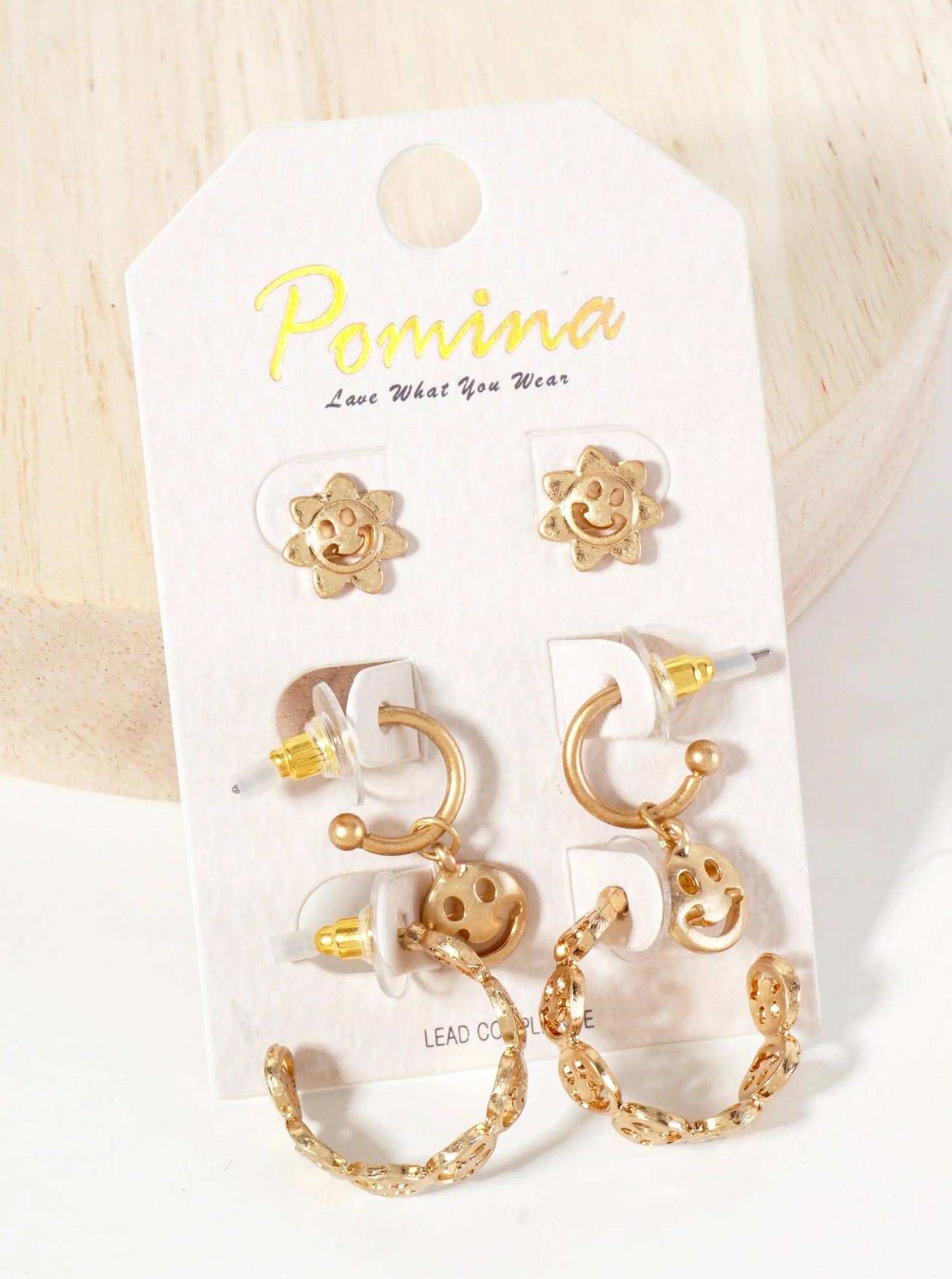 3PC-Set Metal Smiley-Face Stud Hoop Earrings