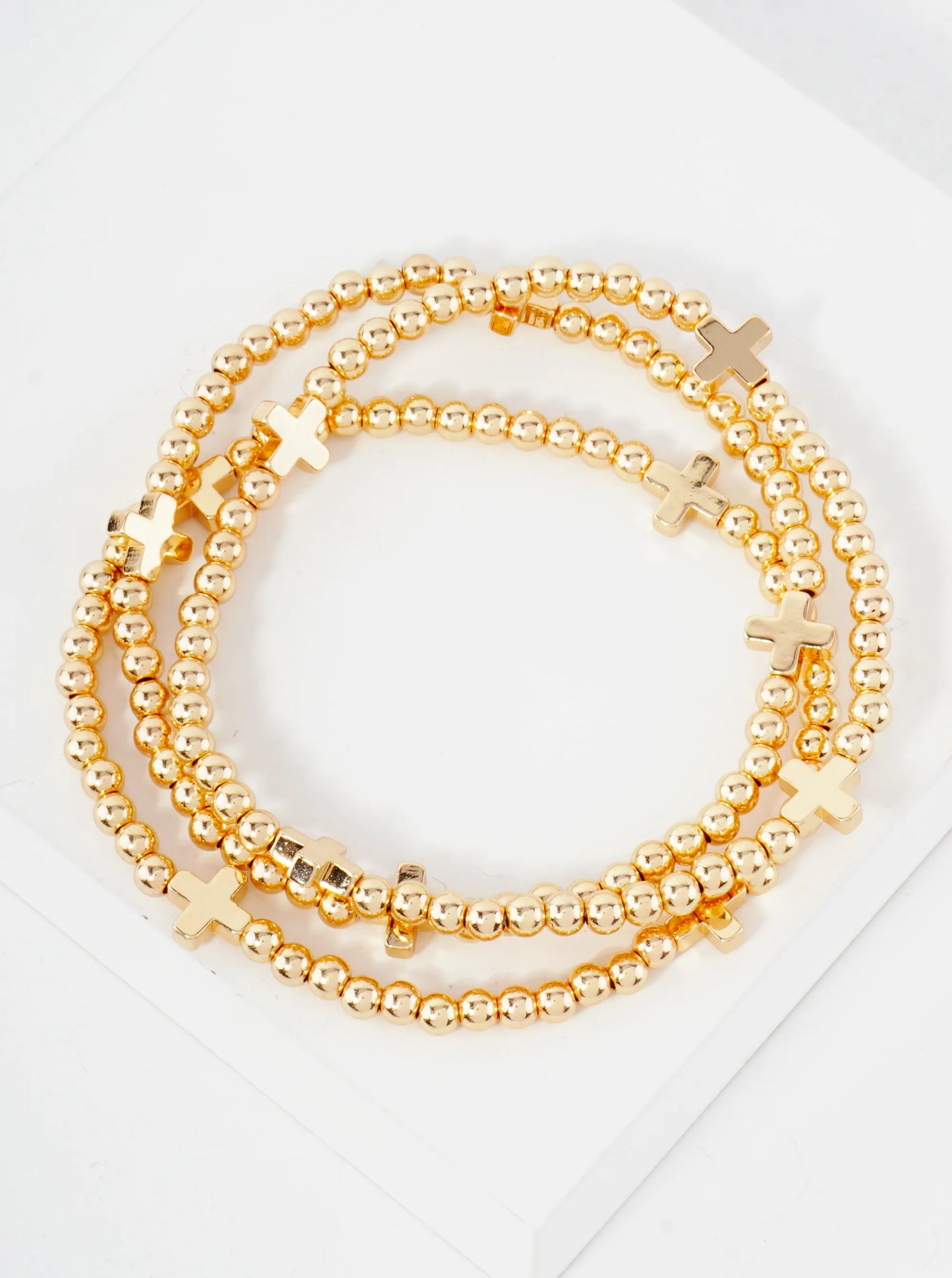 3PC-Set Metallic Beads Cross Stackable Stretch Bracelets