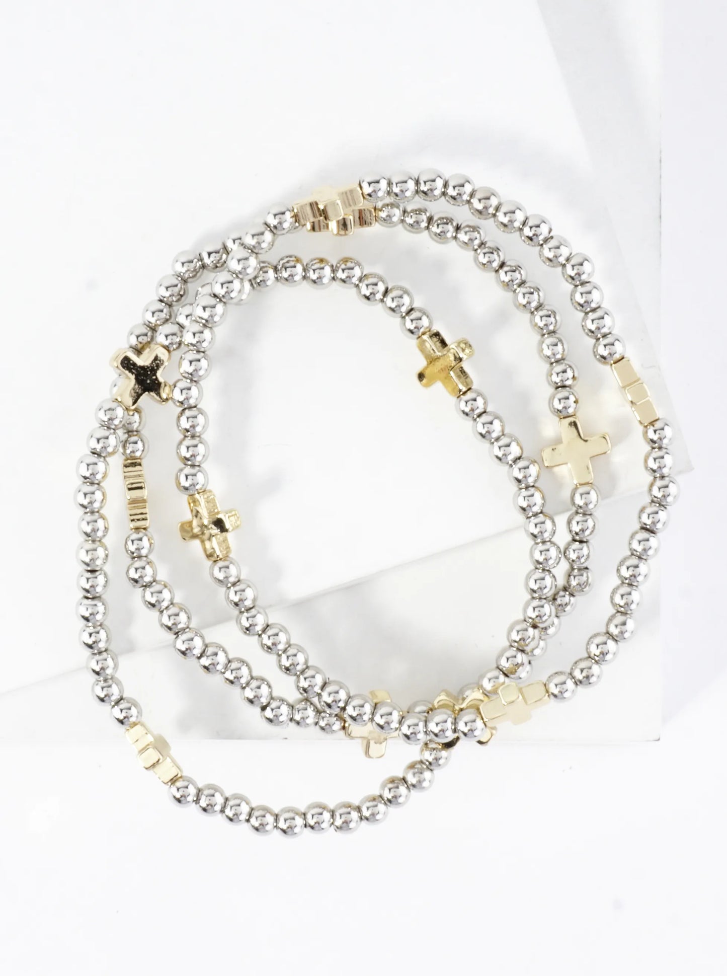 3PC-Set Metallic Beads Cross Stackable Stretch Bracelets