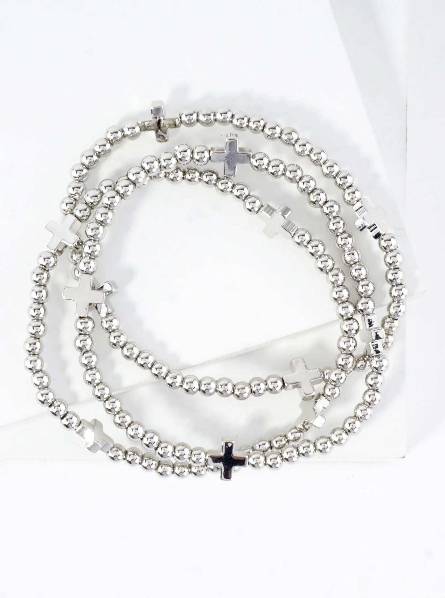 3PC-Set Metallic Beads Cross Stackable Stretch Bracelets