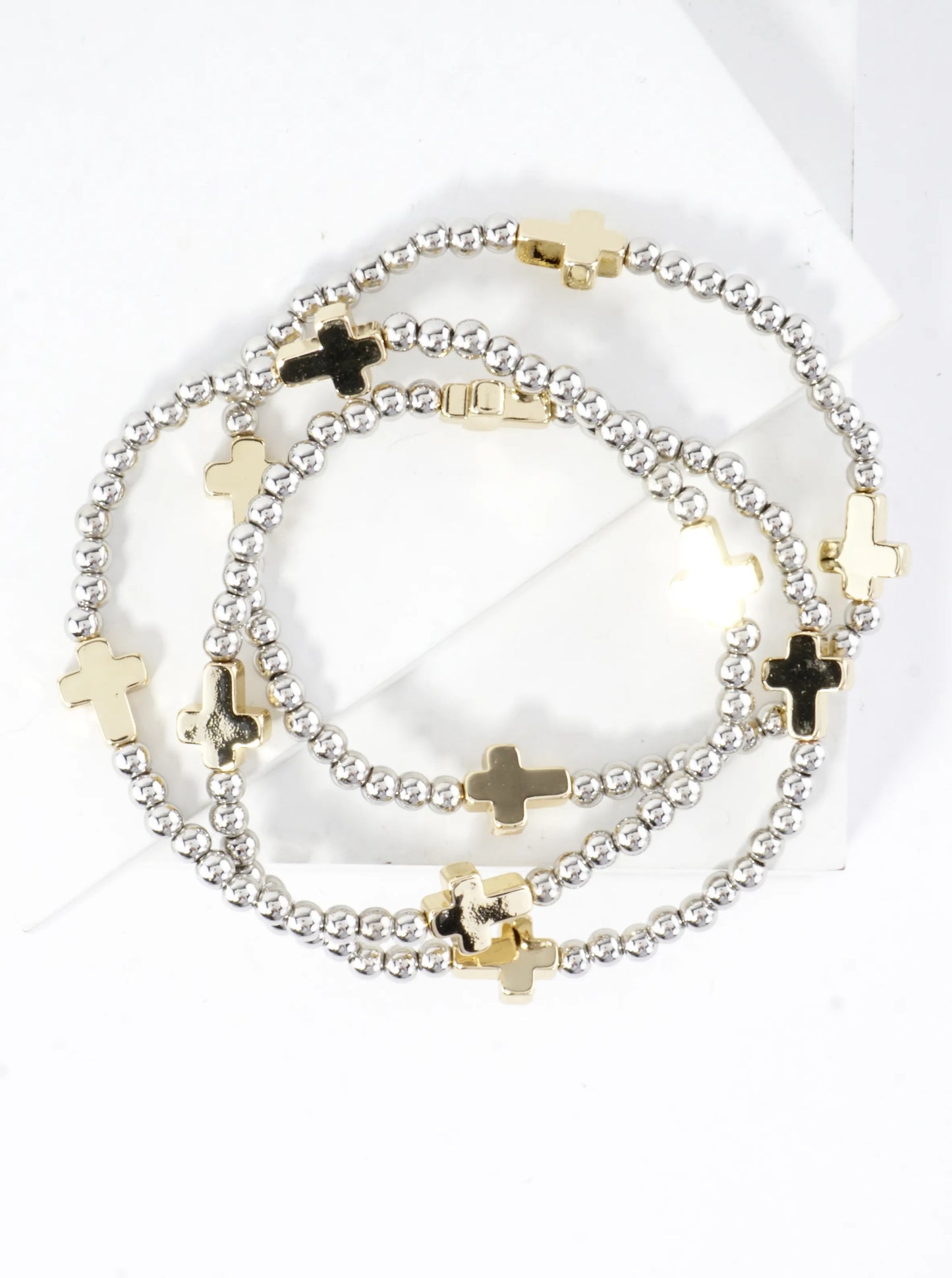 3PC-Set Metallic Beads Cross Stretch Bracelets