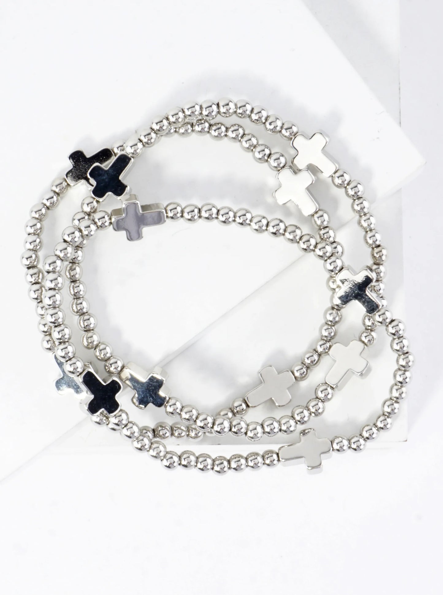 3PC-Set Metallic Beads Cross Stretch Bracelets