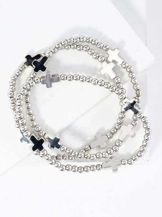 3PC-Set Metallic Beads Cross Stretch Bracelets