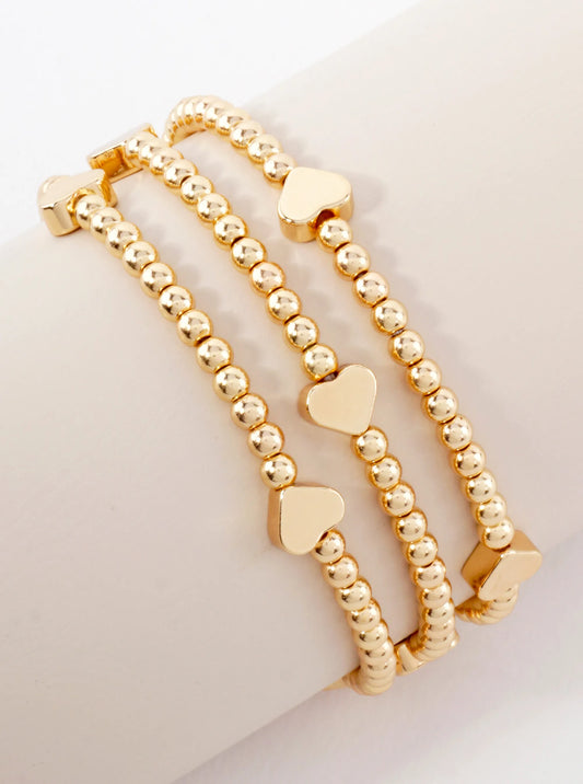 3PC-Set Metallic Beads Hearts Stackable Stretch Bracelets