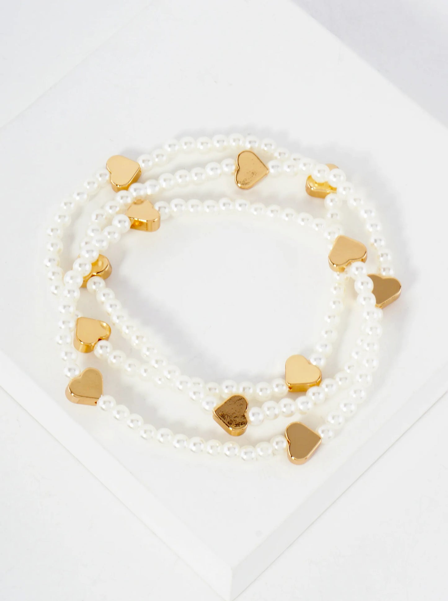 3PC-Set Metallic Beads Hearts Stackable Stretch Bracelets