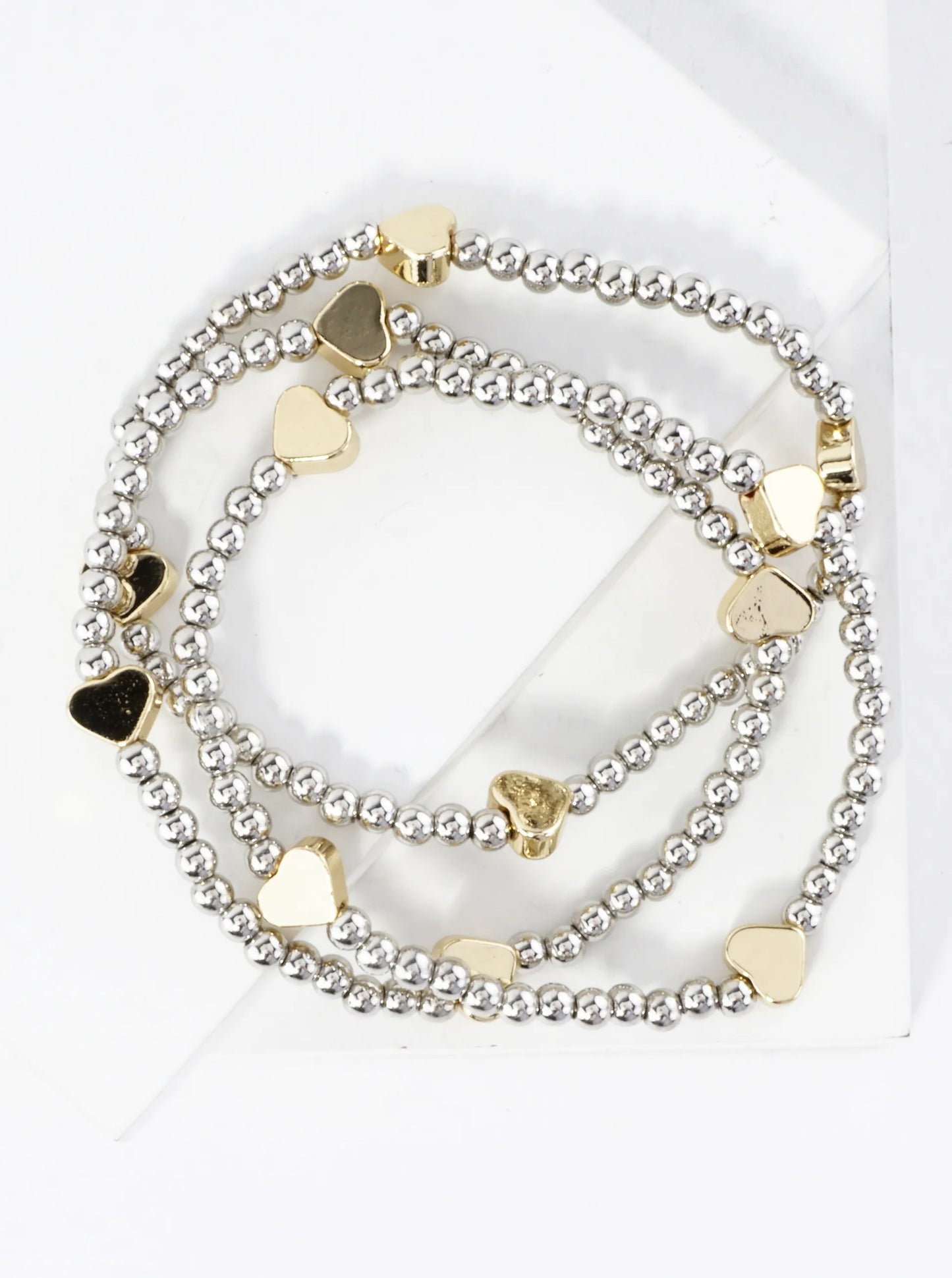 3PC-Set Metallic Beads Hearts Stackable Stretch Bracelets
