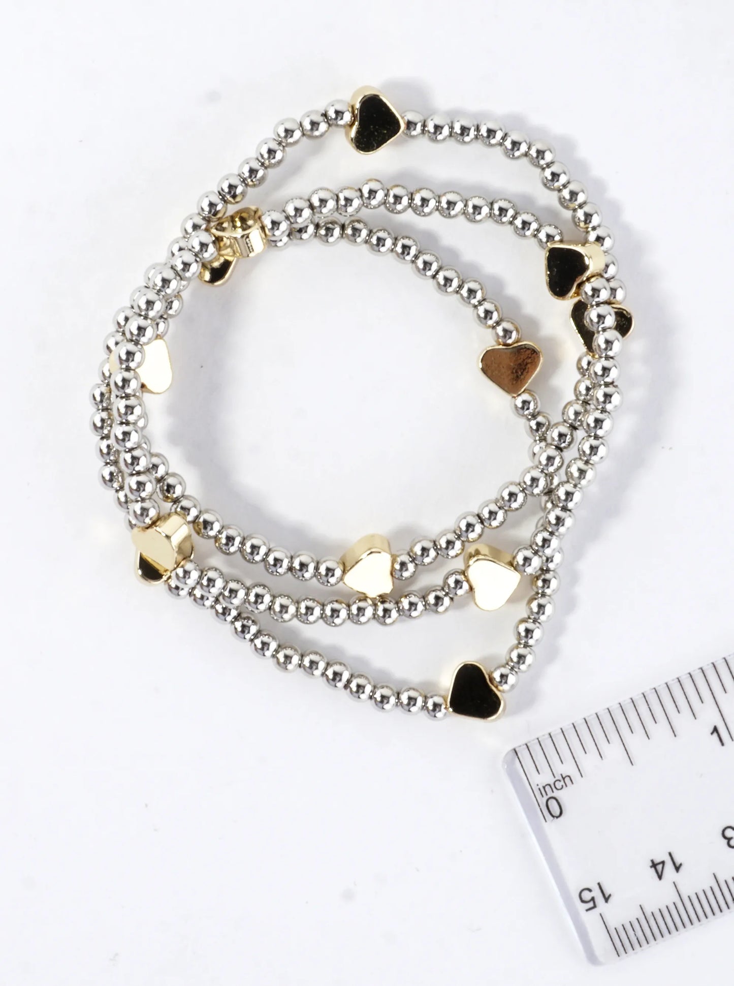 3PC-Set Metallic Beads Hearts Stackable Stretch Bracelets