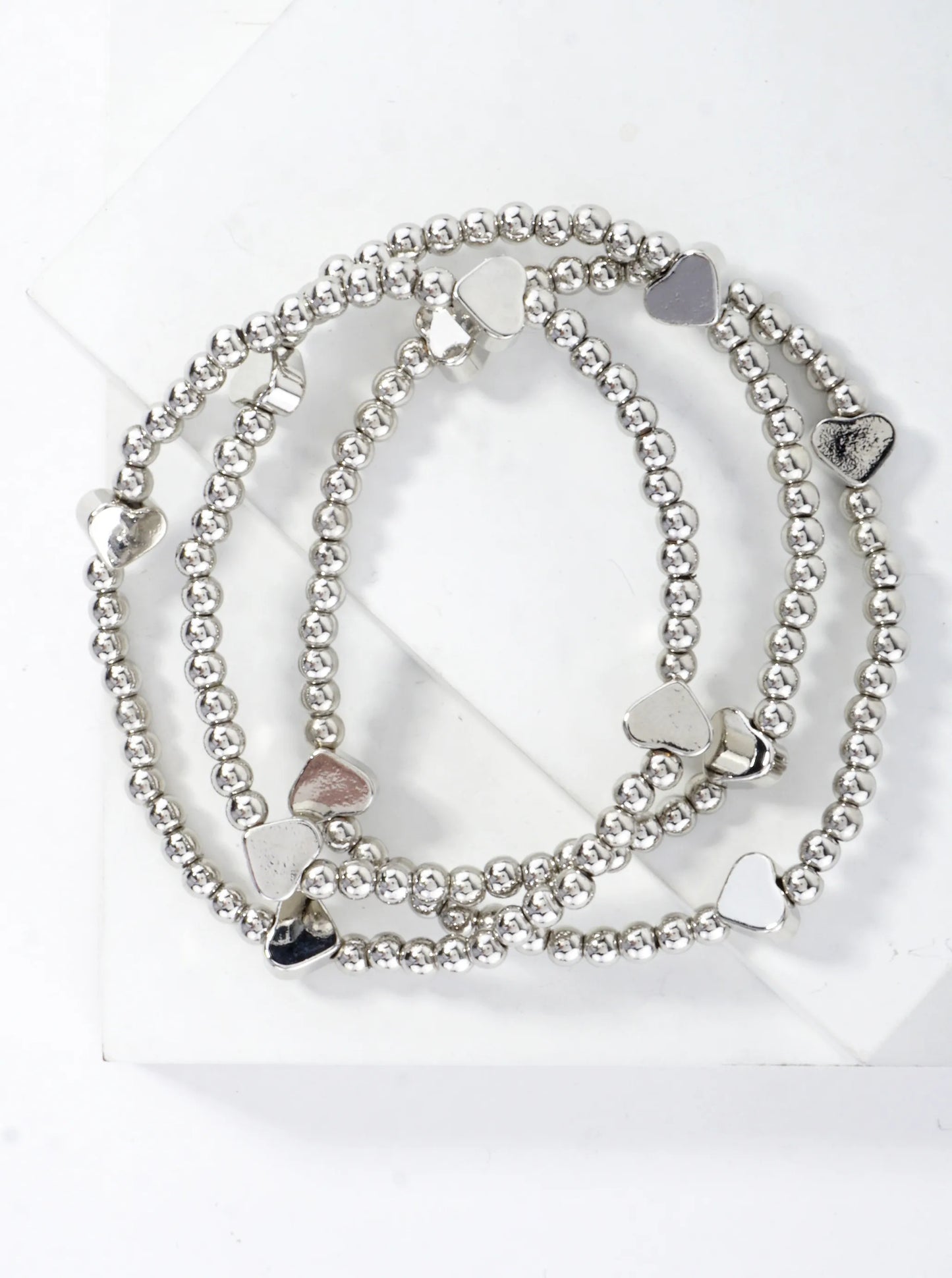 3PC-Set Metallic Beads Hearts Stackable Stretch Bracelets