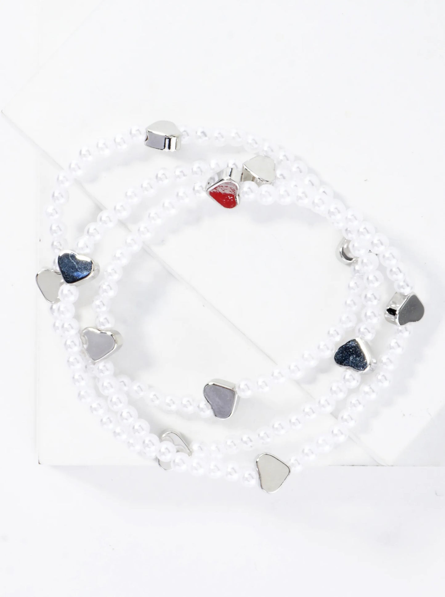 3PC-Set Metallic Beads Hearts Stackable Stretch Bracelets