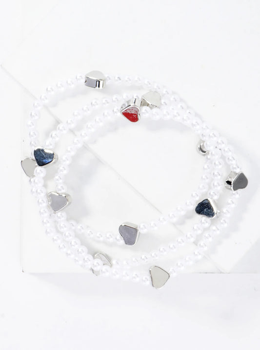 3PC-Set Metallic Beads Hearts Stackable Stretch Bracelets