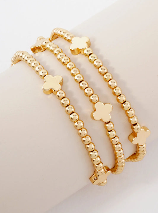 3PC-Set Metallic Beads Quatrefoil Stackable Stretch Bracelets
