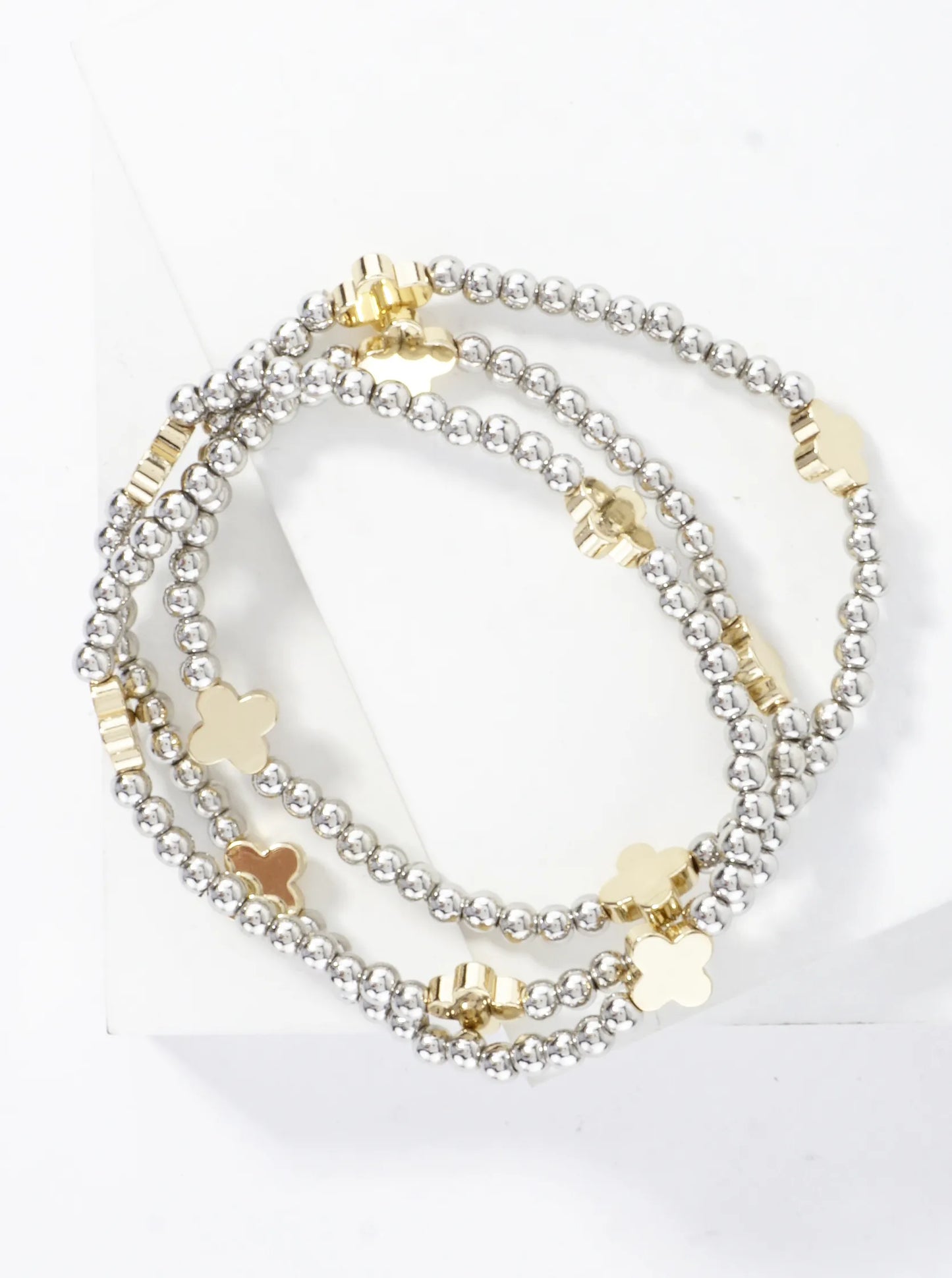 3PC-Set Metallic Beads Quatrefoil Stackable Stretch Bracelets