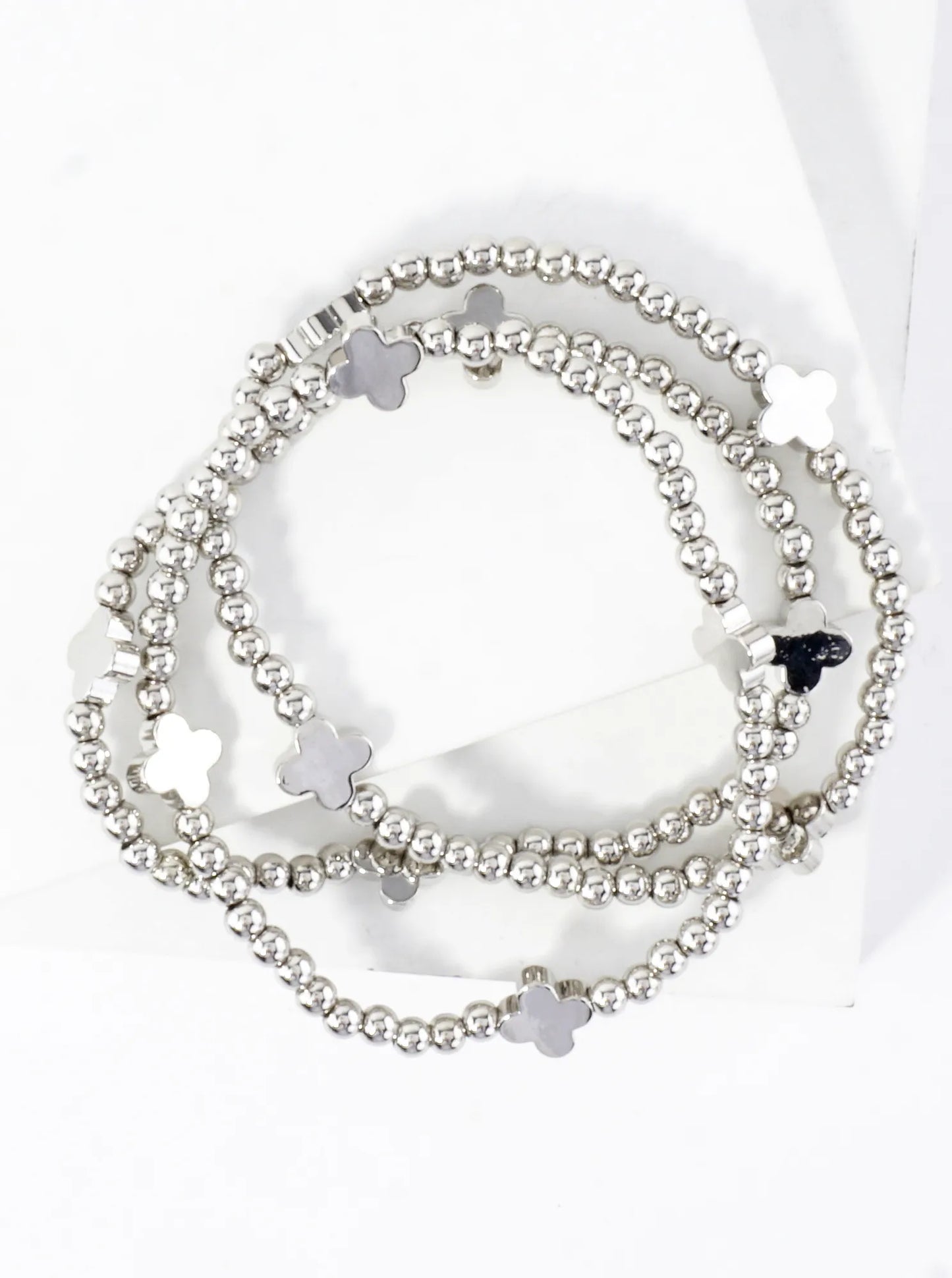 3PC-Set Metallic Beads Quatrefoil Stackable Stretch Bracelets