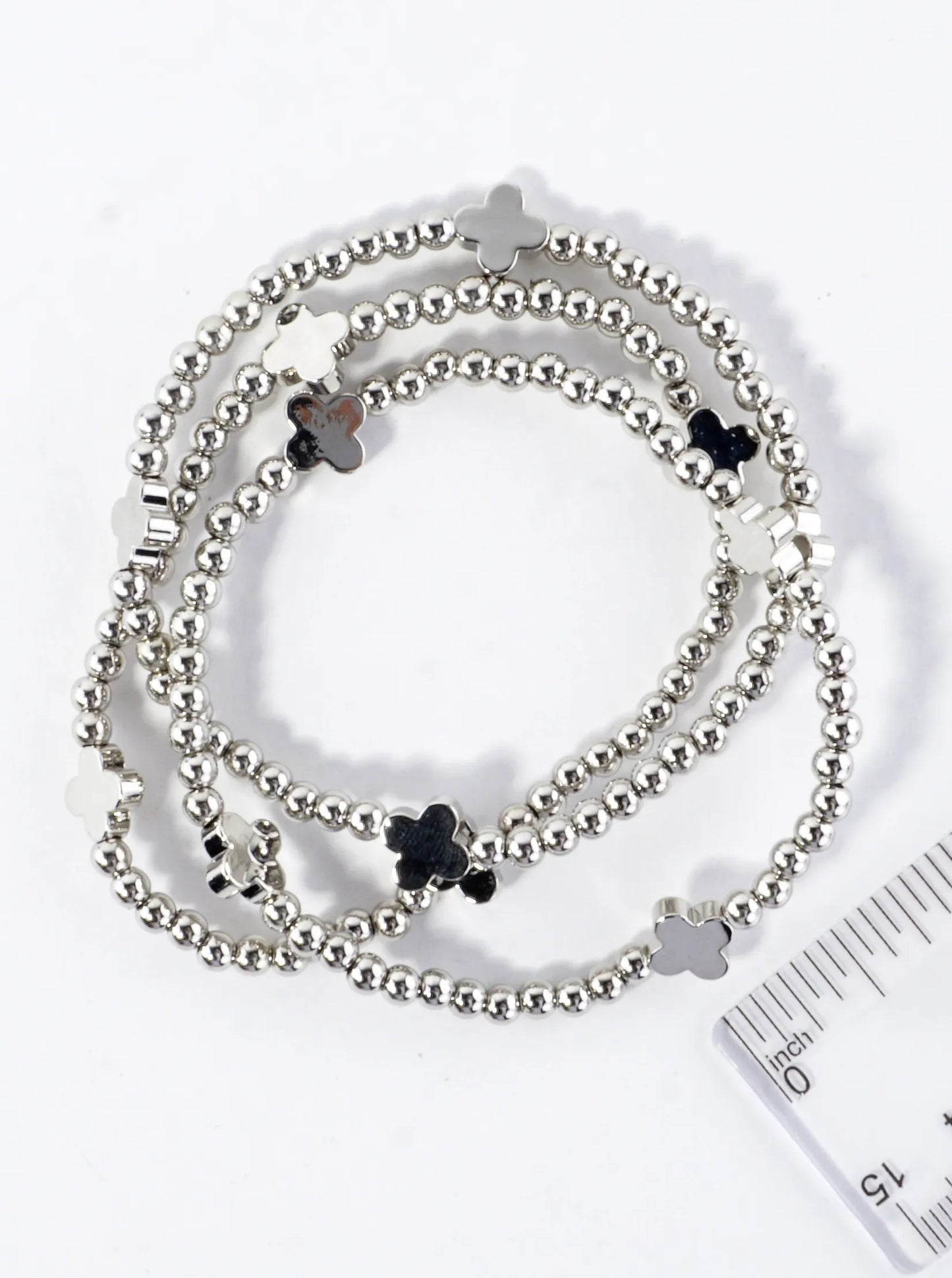 3PC-Set Metallic Beads Quatrefoil Stackable Stretch Bracelets