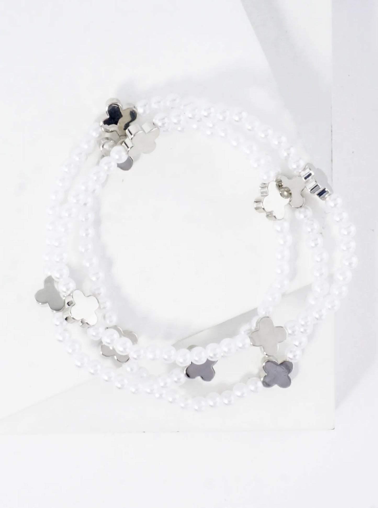 3PC-Set Metallic Beads Quatrefoil Stackable Stretch Bracelets