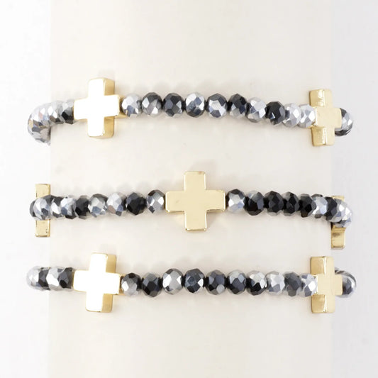 3PC-Set Plated Glass Beads Cross Stretch Bracelets