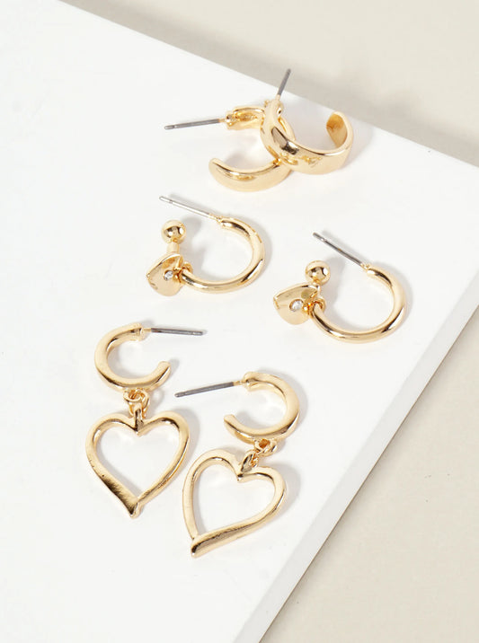 3PC-Set Polished Metal 12-15mm Heart Drop Hoop Earrings